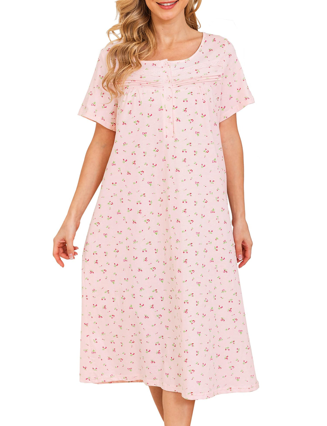 Bloggerlove Nightgowns for Women 100% Cotton Soft House Dress | 100 Full Cotton, Button Neck, Knee Length, Lace Trim Floral, Breathable, Skin-frieend, Loose Fit, Comfy Sleepwear WEBE CLOTHING
