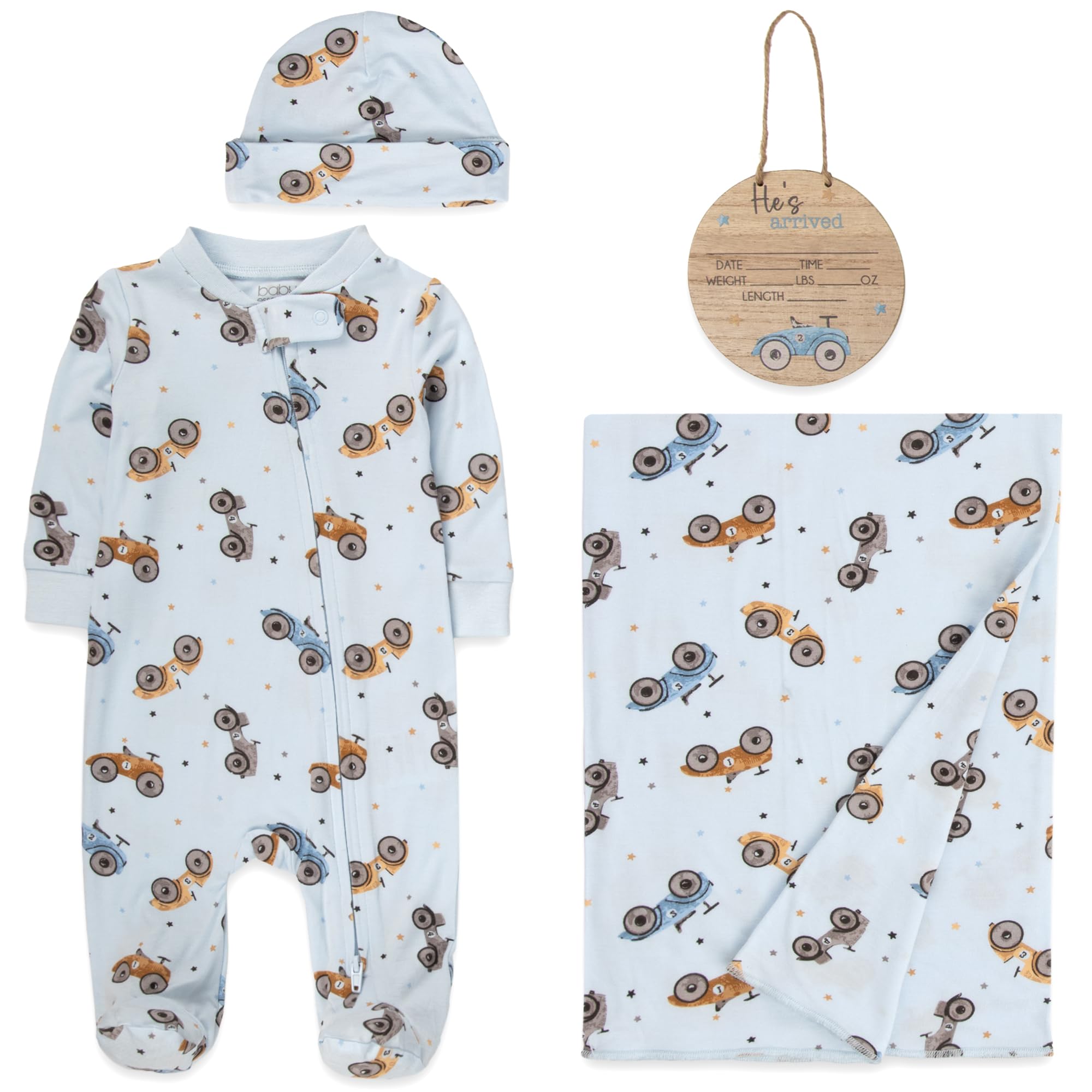 Newborn Baby 4 Piece Coming Home Outfit Gift Set – Footie Sleeper, Blanket, Headband & Ornament for Boys & Girls