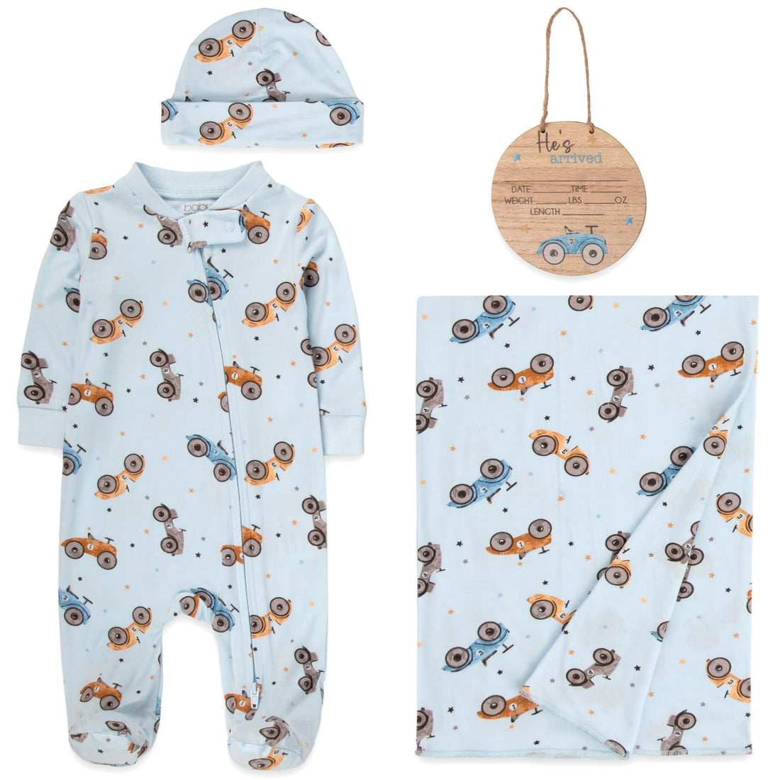 Newborn Baby 4 Piece Coming Home Outfit Gift Set – Footie Sleeper, Blanket, Headband & Ornament for Boys & Girls
