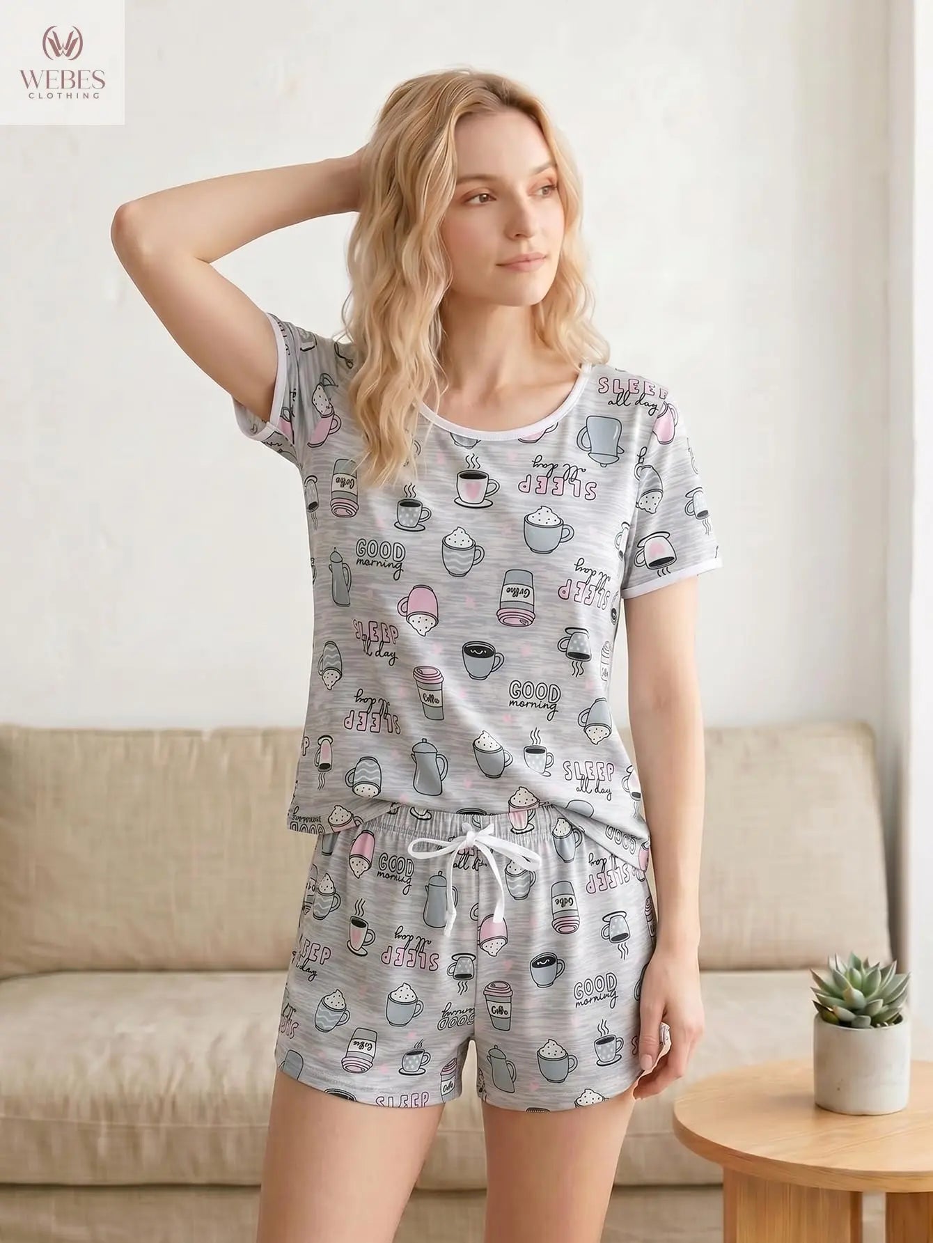 VENTELAN Women's 2 Piece Short Sleeve Pajama Sets Soft Loungewear Summer Sleepwear Pjs Sets with Pockets WEBE CLOTHING