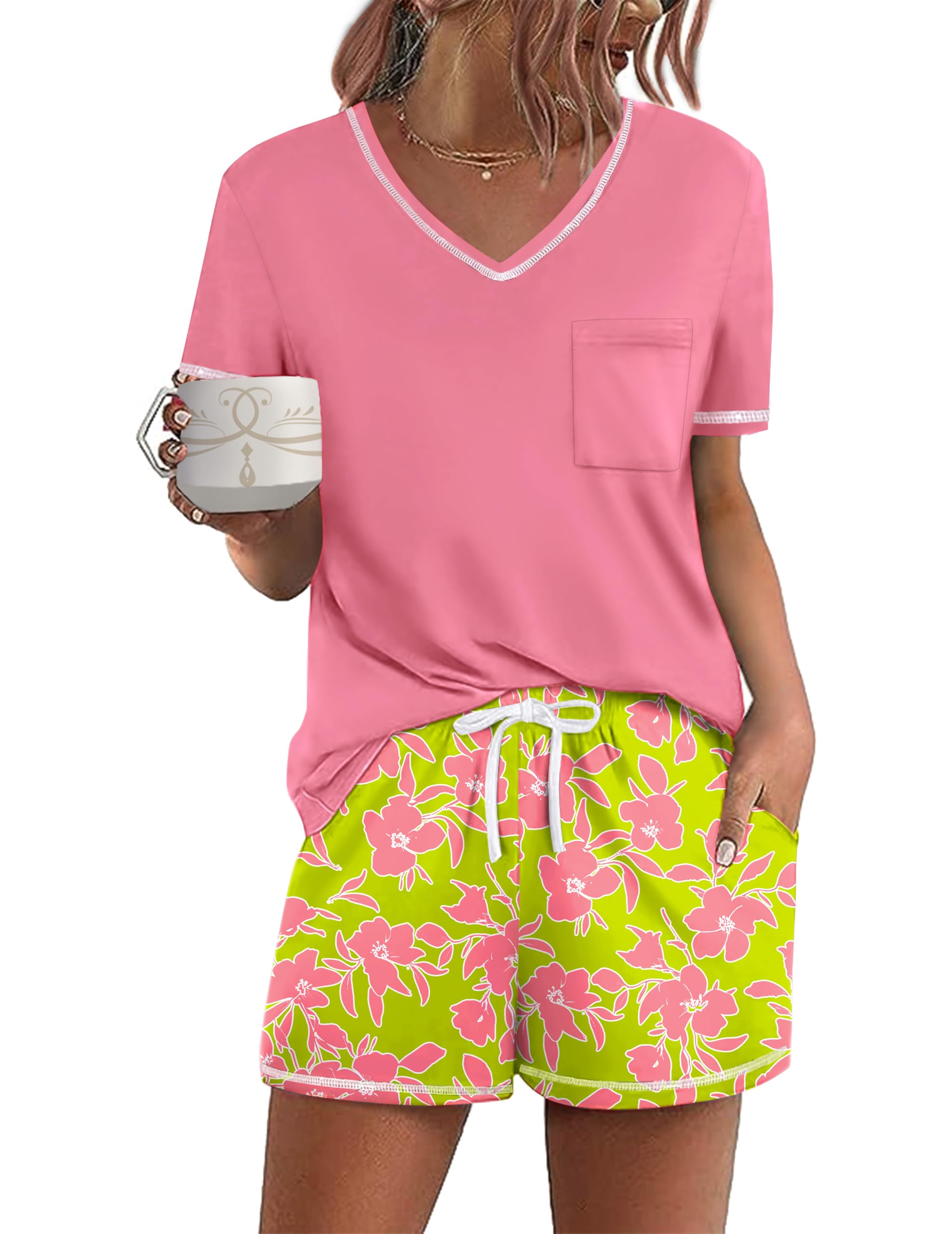 Ekouaer Women's Pajamas Sets Short Sleeve Pjs Two Piece Sleepwear Casual Lounge Sets With Pockets