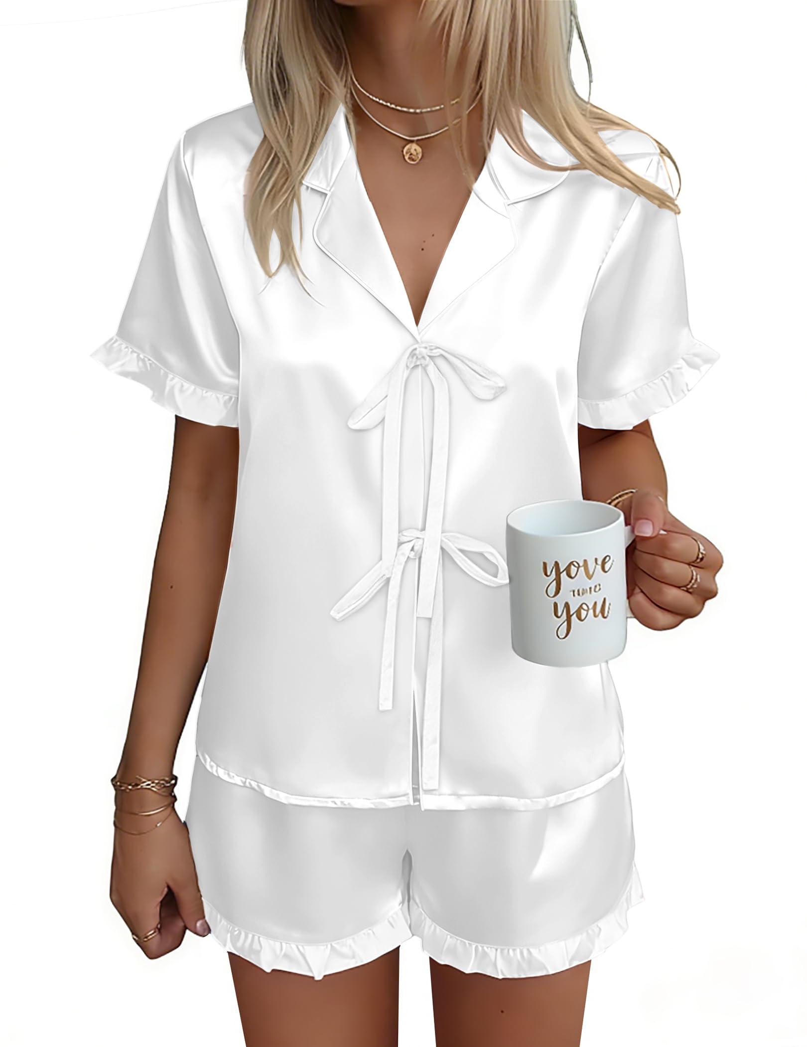 Ekouaer Satin Pajama for Women Short Sleeve Silky Pj Short Set Bow Front Tie Up Loungewear Sleepwear