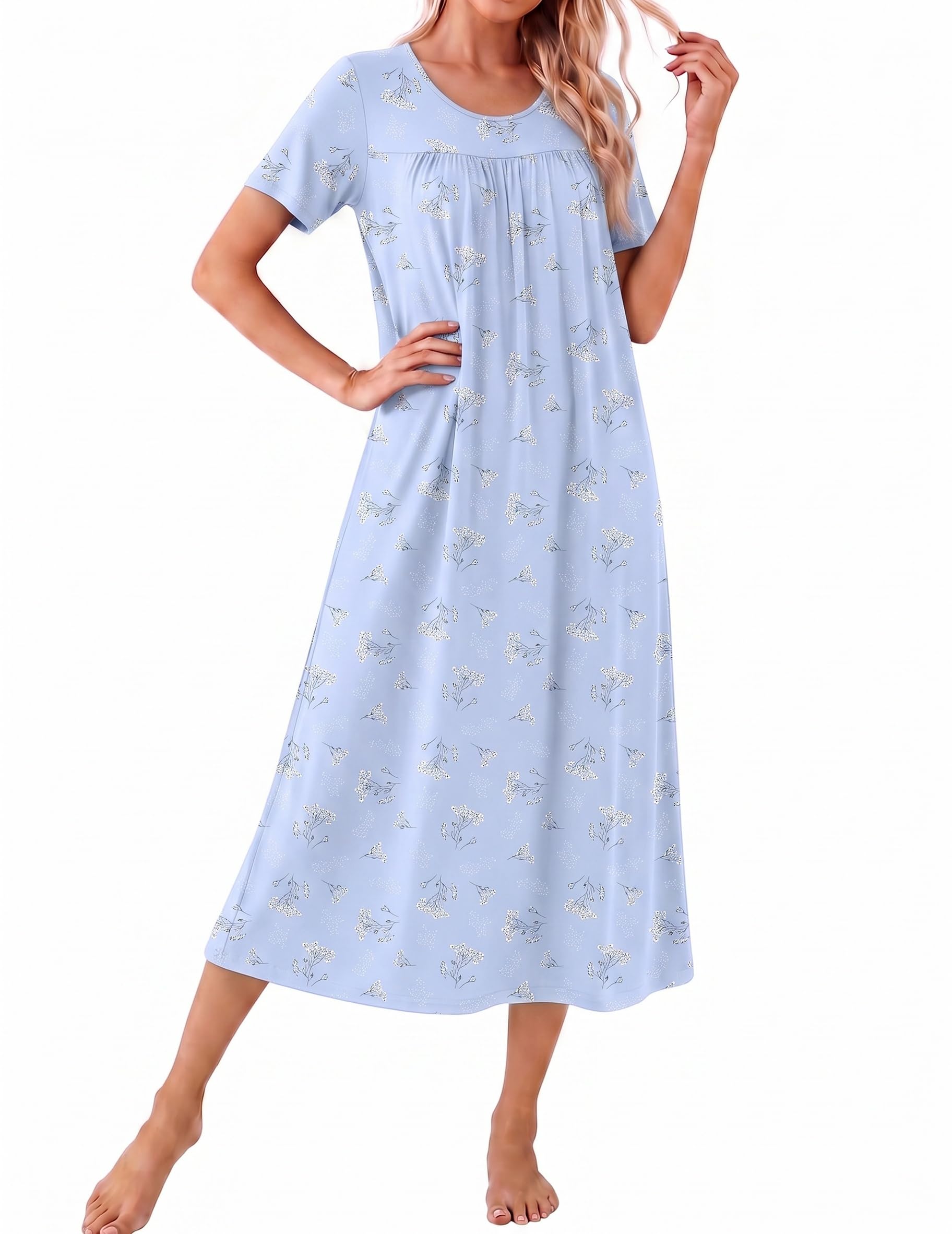 Ekouaer Long Nightgowns for Women Bamboo Viscose Short Sleeve Soft House Dress WEBE CLOTHING