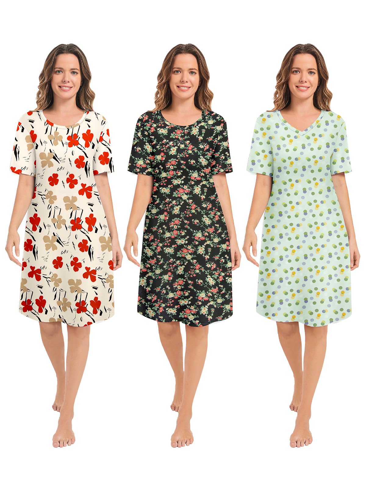 3 Pack Nightgowns for Women Short Sleeve Night Gown Soft Sleep Shirts Women's Sleepwear Print Sleep Dress WEBE CLOTHING