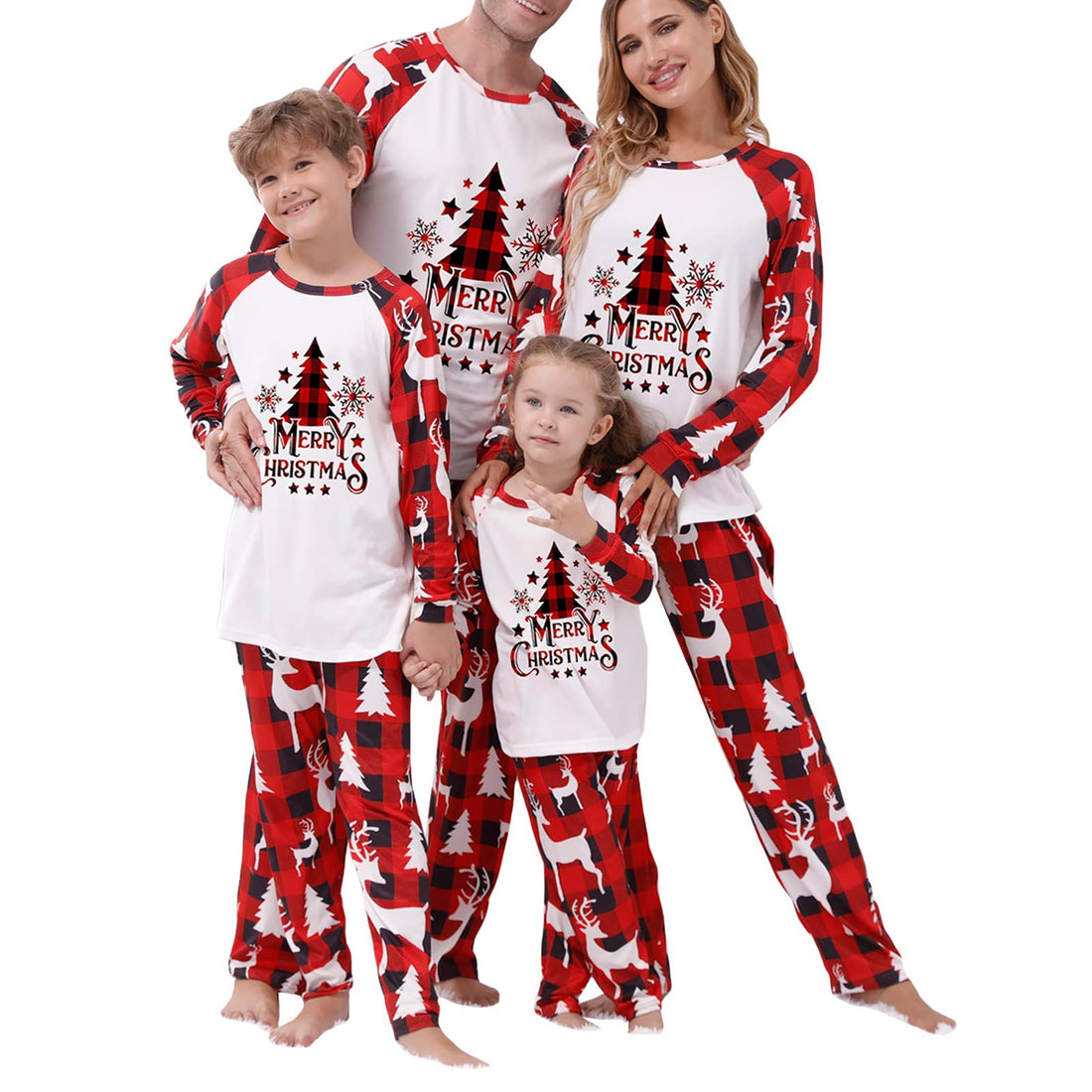 Awoscut Christmas Family Matching Pajamas Sets Christmas PJ's Letter Print Top and Plaid Pants Jammies Sleepwear