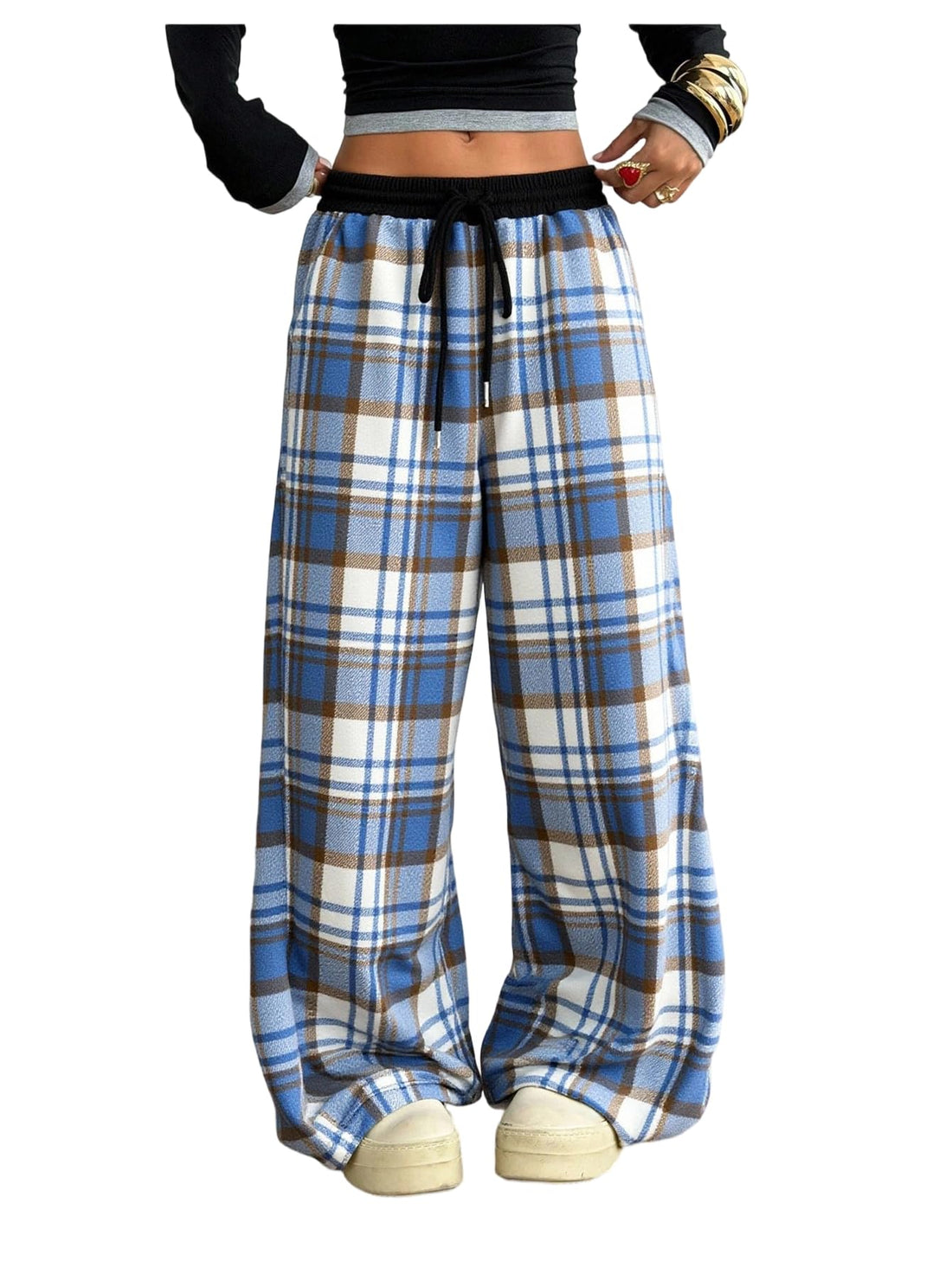 SOLY HUX Women's Plaid Checkered Pants Flannel Pajama Pants Lounge Wide Leg Baggy Sweatpants with Pockets
