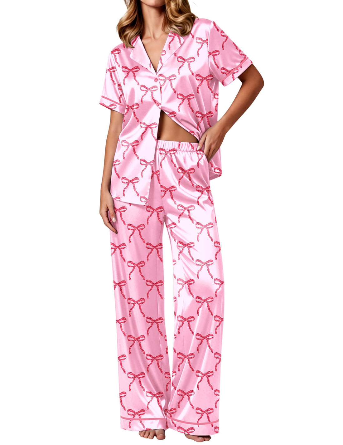 Ekouaer Women's Silk Pajamas Set Short Sleeve Satin Pjs 2 Piece Soft Loungewear with Pants Button Down Sleepwear