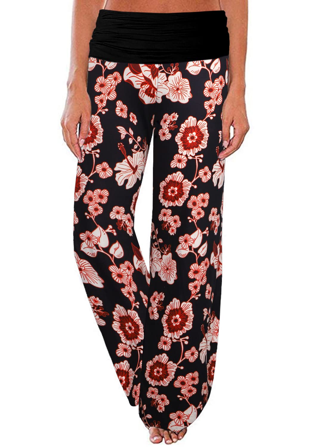Gracyoga Women's Comfy Pajama Pants Wide Leg Lounge Palazzo Yoga Pants Stretch Casual Floral Print Fold Waist Pants