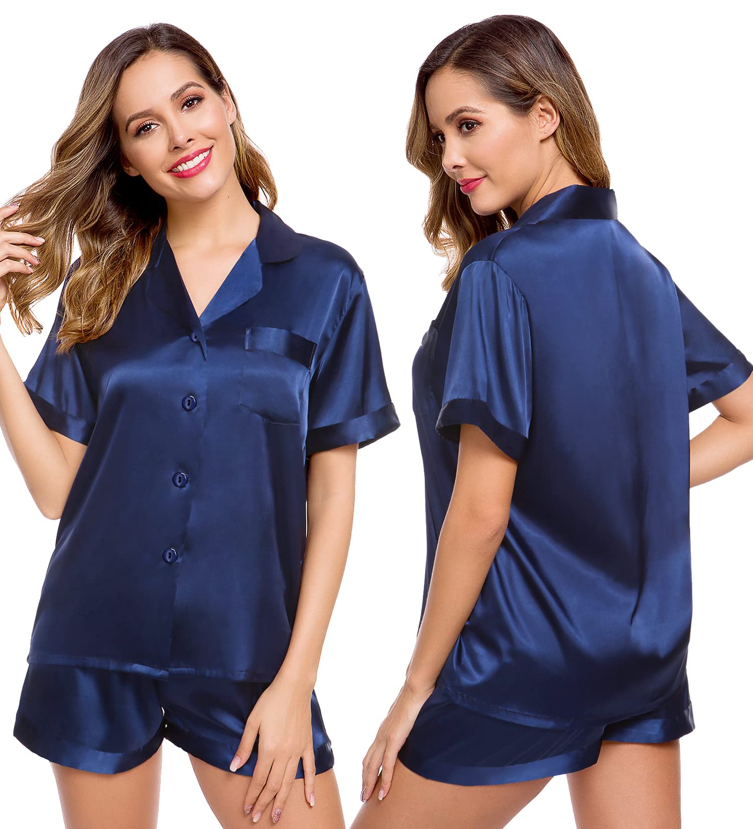 LecGee Womens Silk Satin Pajamas Short Sleeve Loungewear Two-Piece Sleepwear Button-Down Pj Set