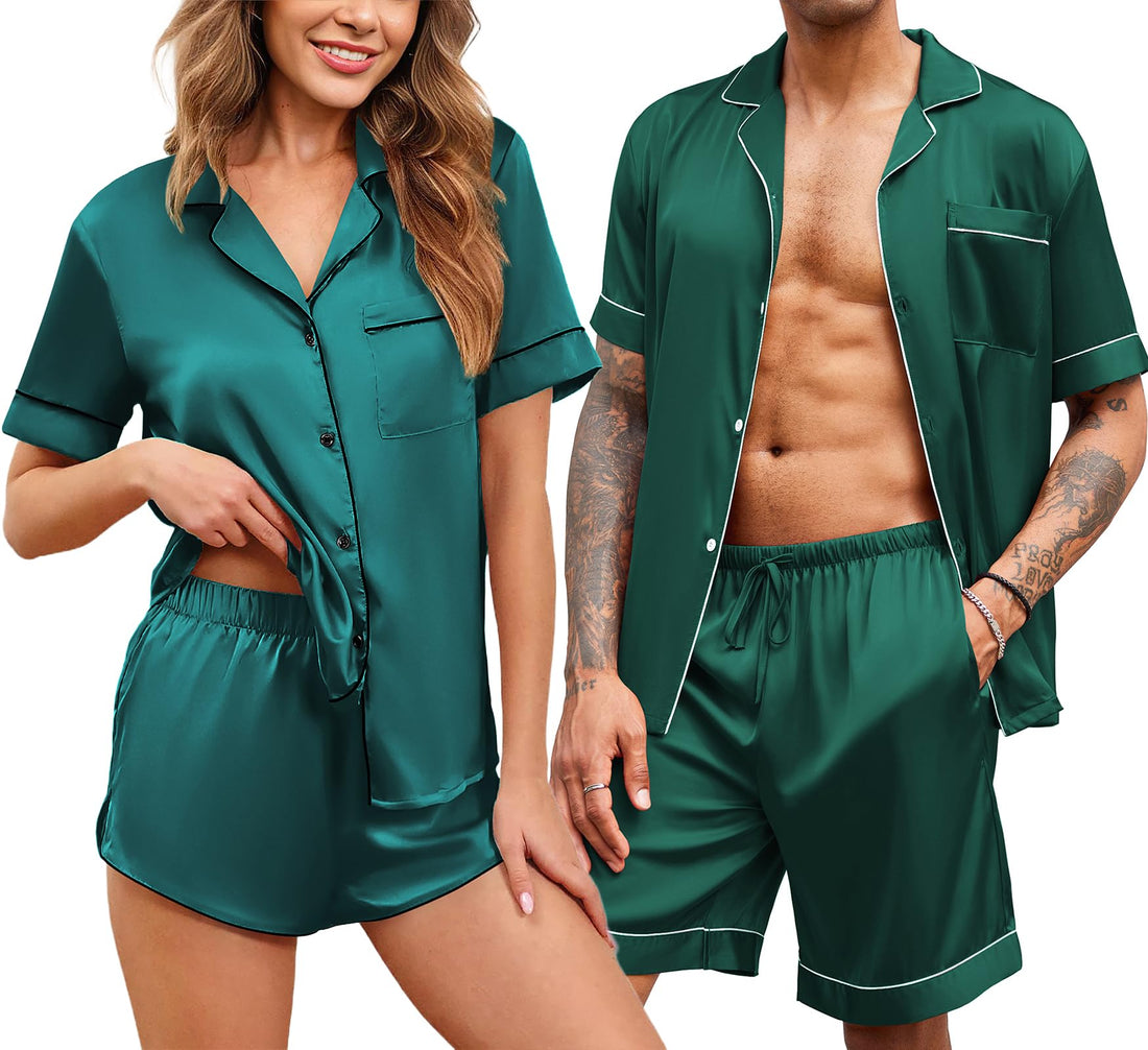 Ekouaer Silk Satin Matching Pajamas Sets Couple Button Down Nightwear Women & Men Short Sleeve Sleepwear 2 Pieces Loungewear