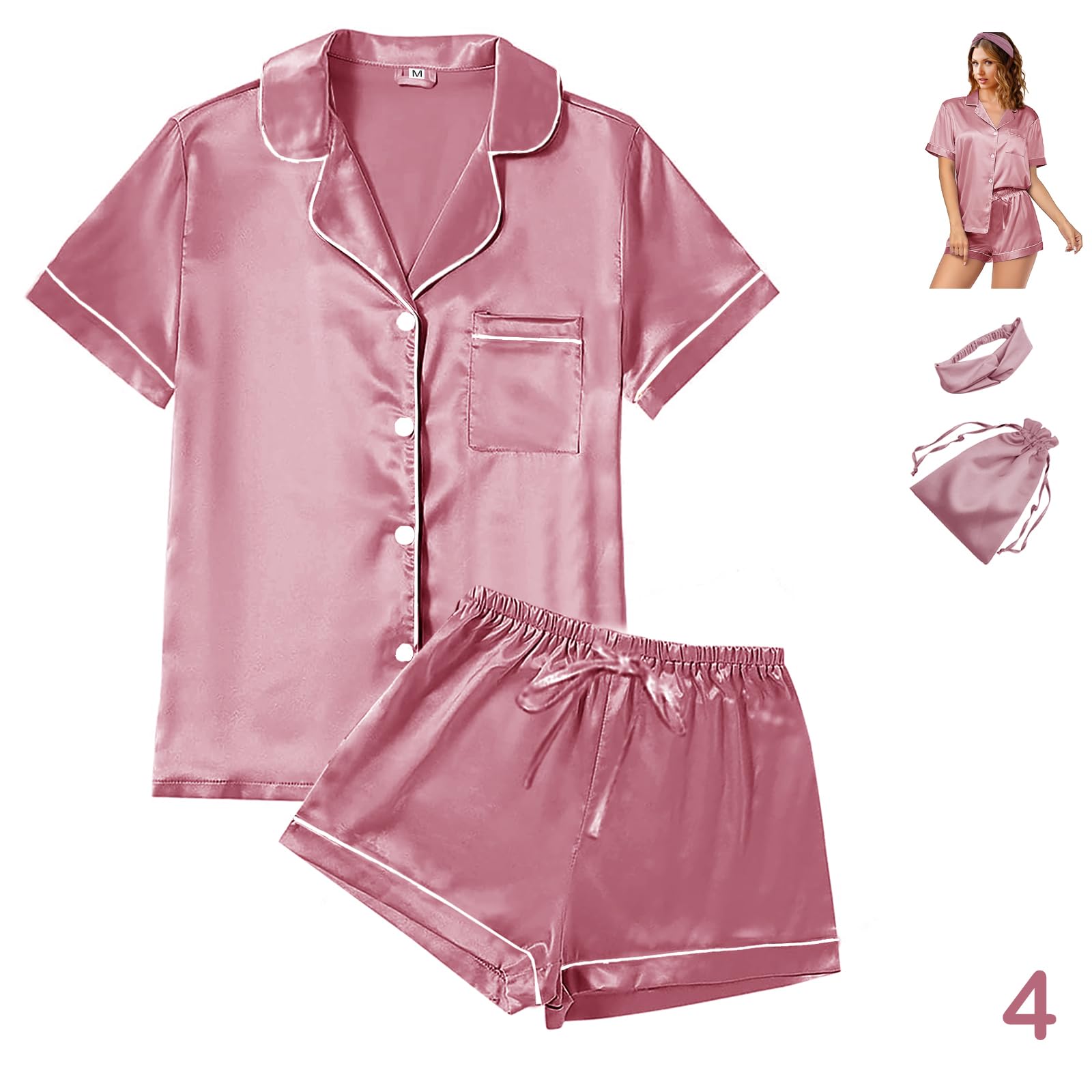 WJing Yi Jia 4Pcs Womens Satin Silky Pajama Sets Short Sleeve Shirt XS-4XL Floral Pajamas Set Soft PJ Loungewear Sleepwear