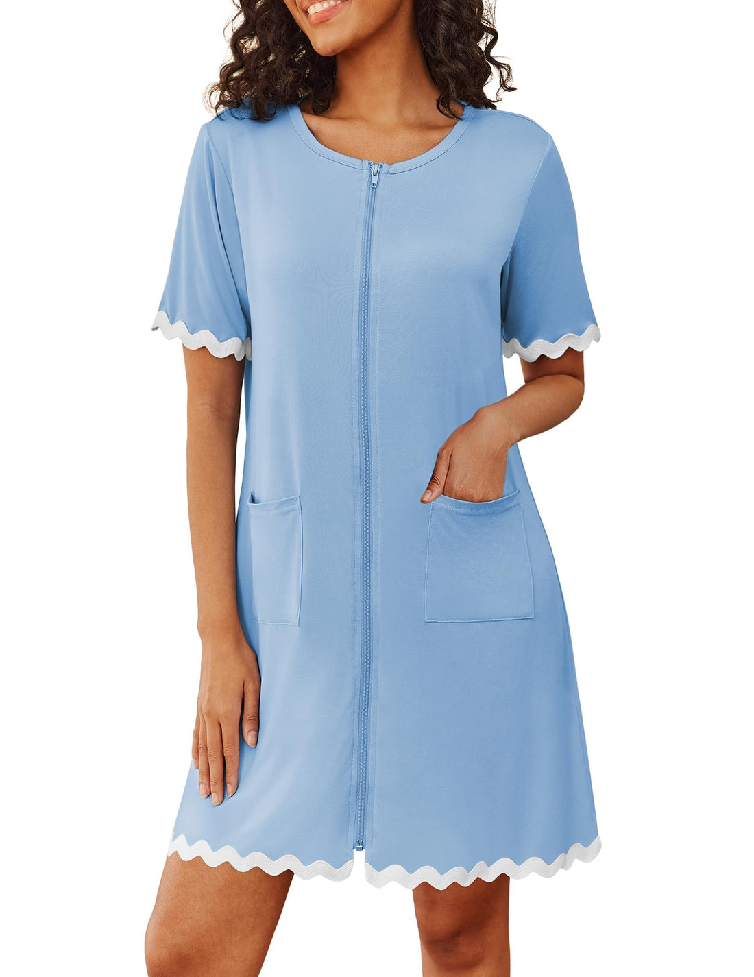 Ekouaer Women Zip Up Robe Lightweight Housecoats with Pockets Knee Length Short Bathrobes Soft Nightgown S-3XL