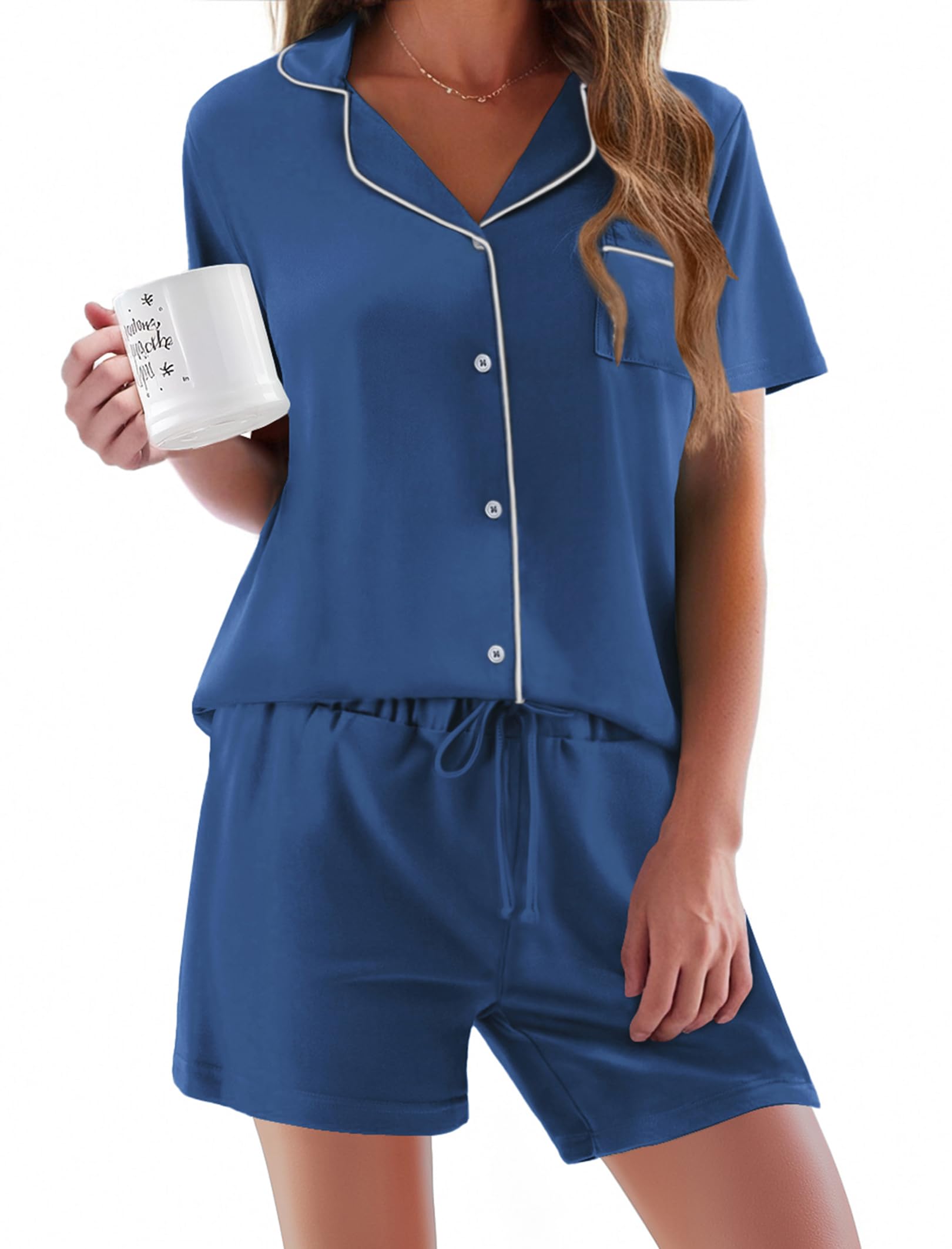 Ekouaer Pajamas Set for Women Short Sleeve Sleepwear Button Down Pjs Soft 2 Piece Lounge Sets XS-XXXL