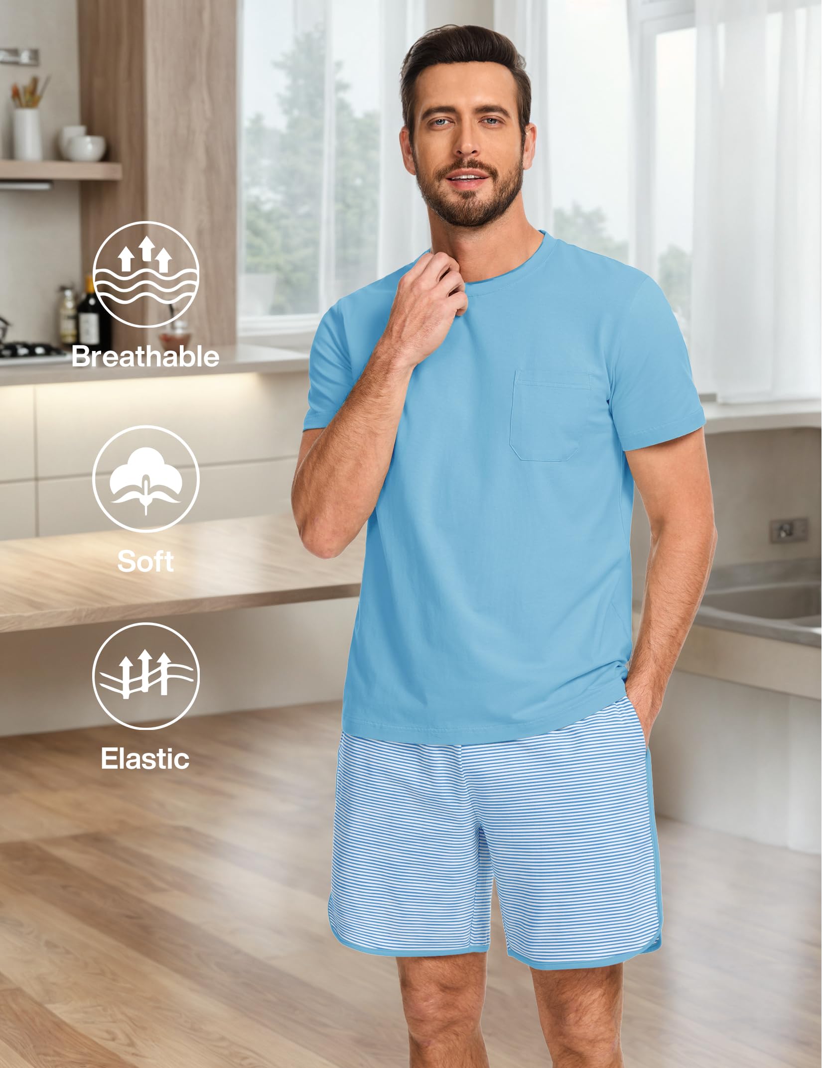 Mens Cotton Pajamas Set Stripe 2 Piece Lounge Set Pjs Summer Short Sleeve and Shorts Comfy Loungewear with Pockets WEBE CLOTHING