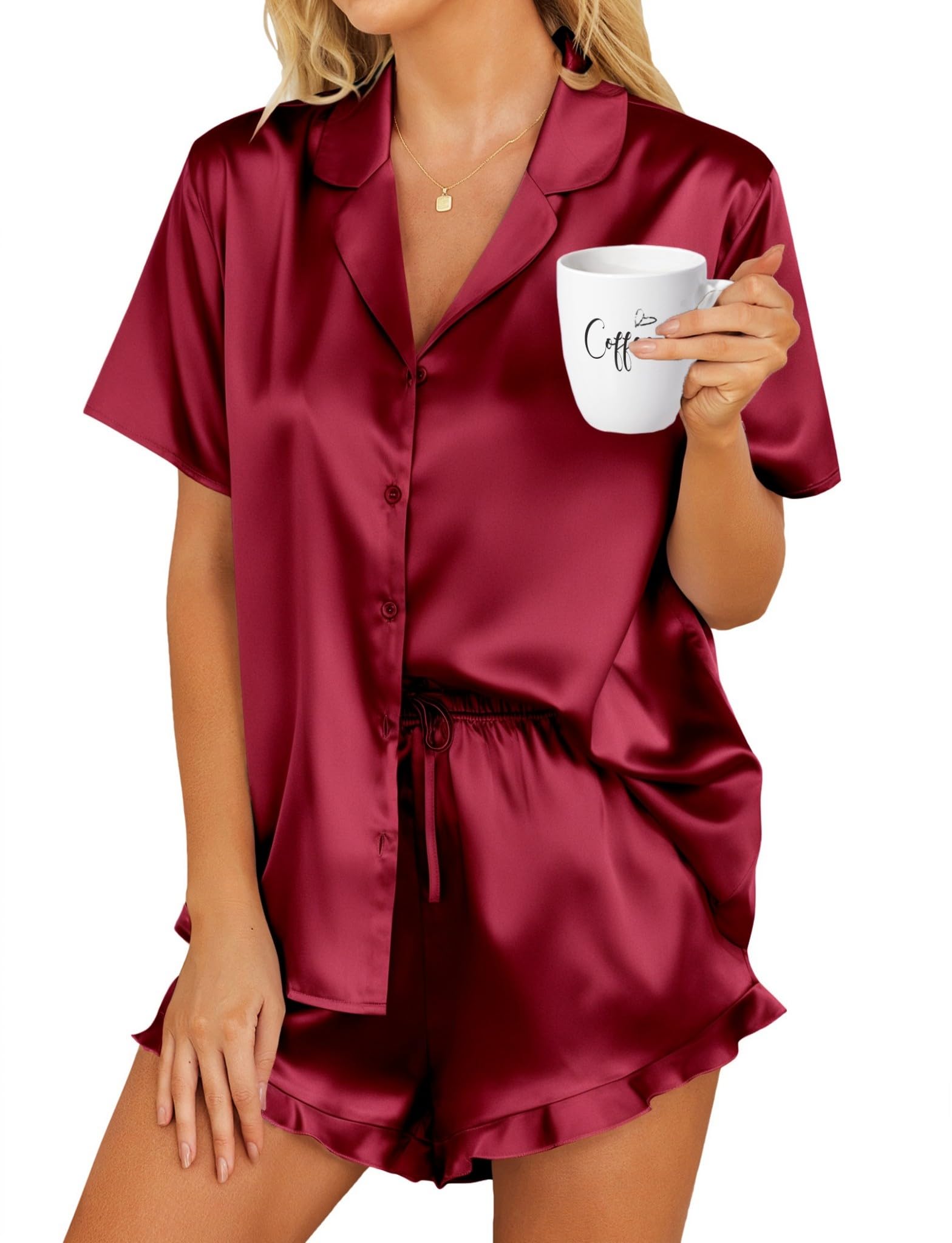 HOTOUCH Womens Satin Pajamas Set Button Down 2 Piece Silk Pjs Shorts Set Ruffle Lingerie Notch Collar Sleepwear