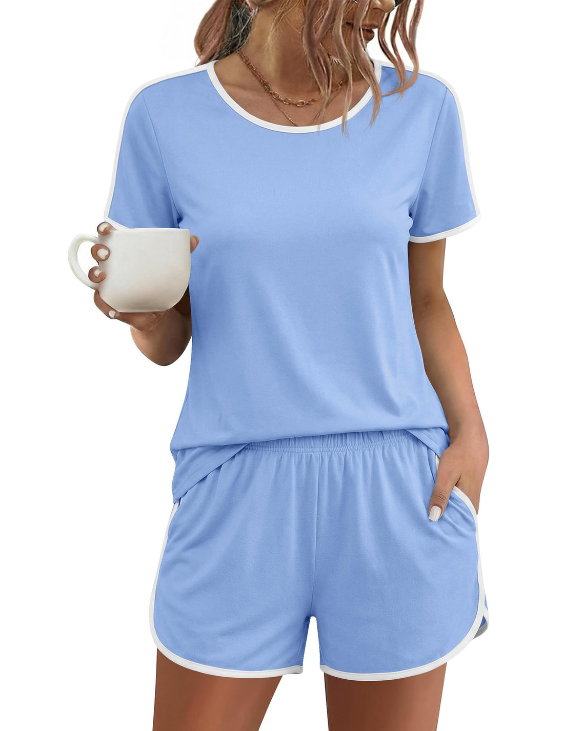 Ekouaer Womens Pajama Sets Short Sleeve Sleepwear Soft Pjs Sets Round Neck Summer 2 Piece Lounge Set with Pockets S-XXL