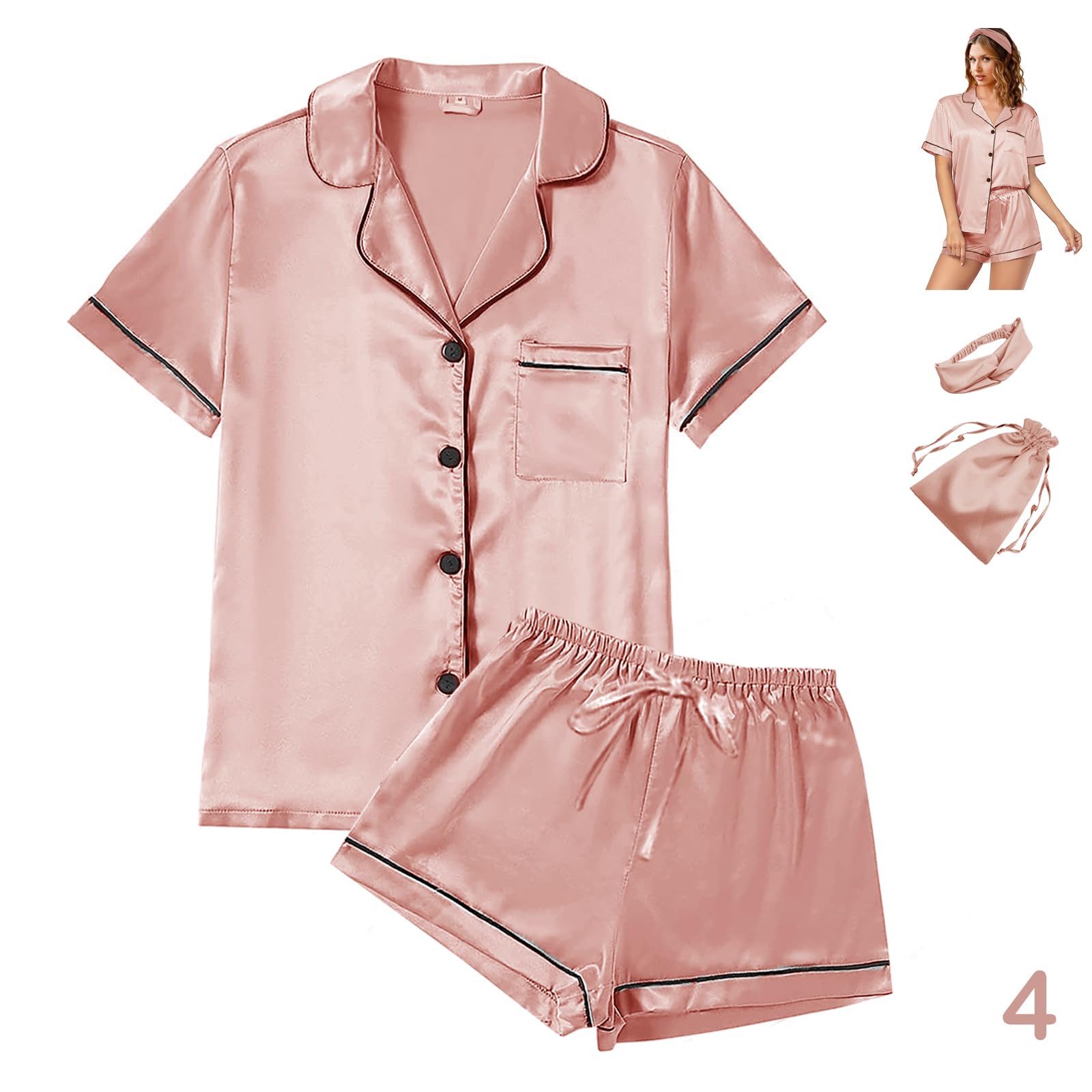 WJing Yi Jia 4Pcs Womens Satin Silky Pajama Sets Short Sleeve Shirt XS-4XL Floral Pajamas Set Soft PJ Loungewear Sleepwear