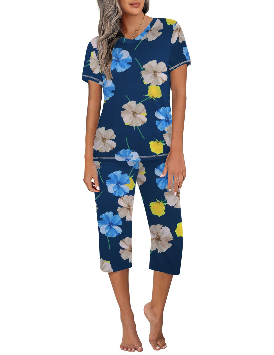 Ekouaer Women's Sleepwear Capri Pajama Sets Short Sleeve Two-Piece Pjs V Neck Tops & Capri Pants with Pockets S-3XL