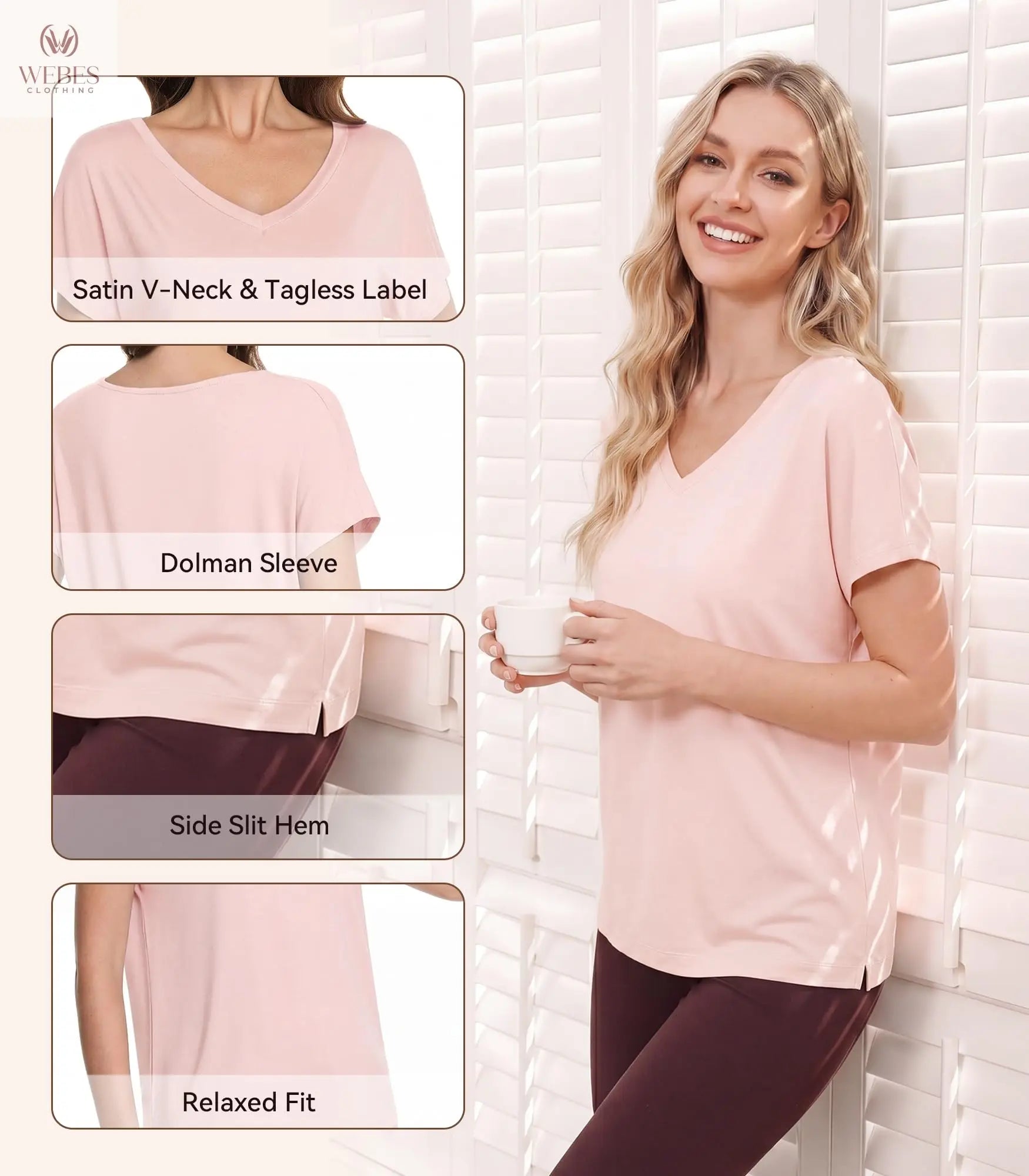 WiWi Bamboo Viscose Shirts for Women, Super Soft Short Sleeve Sleep Pajama Tops, Cooling Satin V Neck Summer Lounge Wear