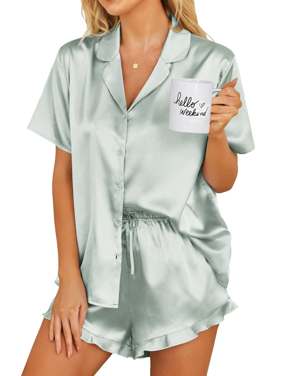 Ekouaer Womens Satin Pajamas Set Button Down 2 Piece Silk Pjs Shorts Set Ruffle Lingerie Notch Collar Sleepwear