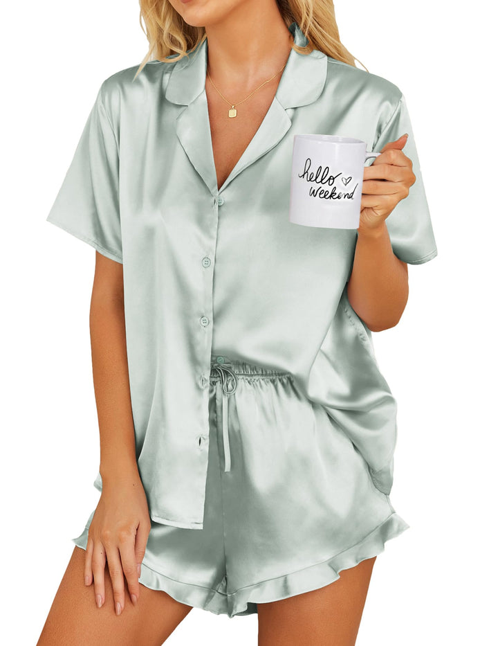 Ekouaer Womens Satin Pajamas Set Button Down 2 Piece Silk Pjs Shorts Set Ruffle Lingerie Notch Collar Sleepwear