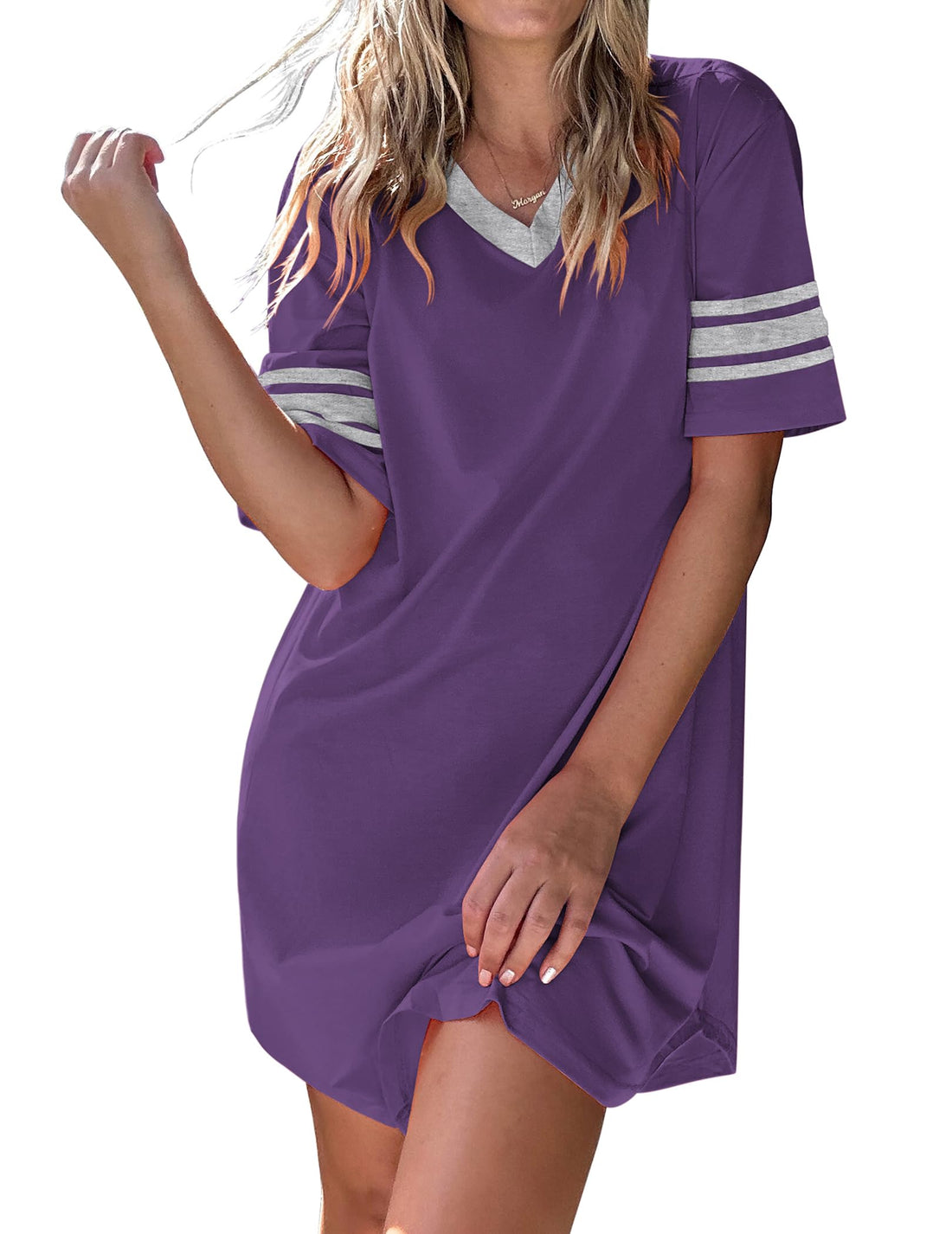 Ekouaer Nightgowns for Women Cotton Night Gown Short Sleeve Sleepwear V Neck Color Block Sleep Shirts Ladies Night Shirts