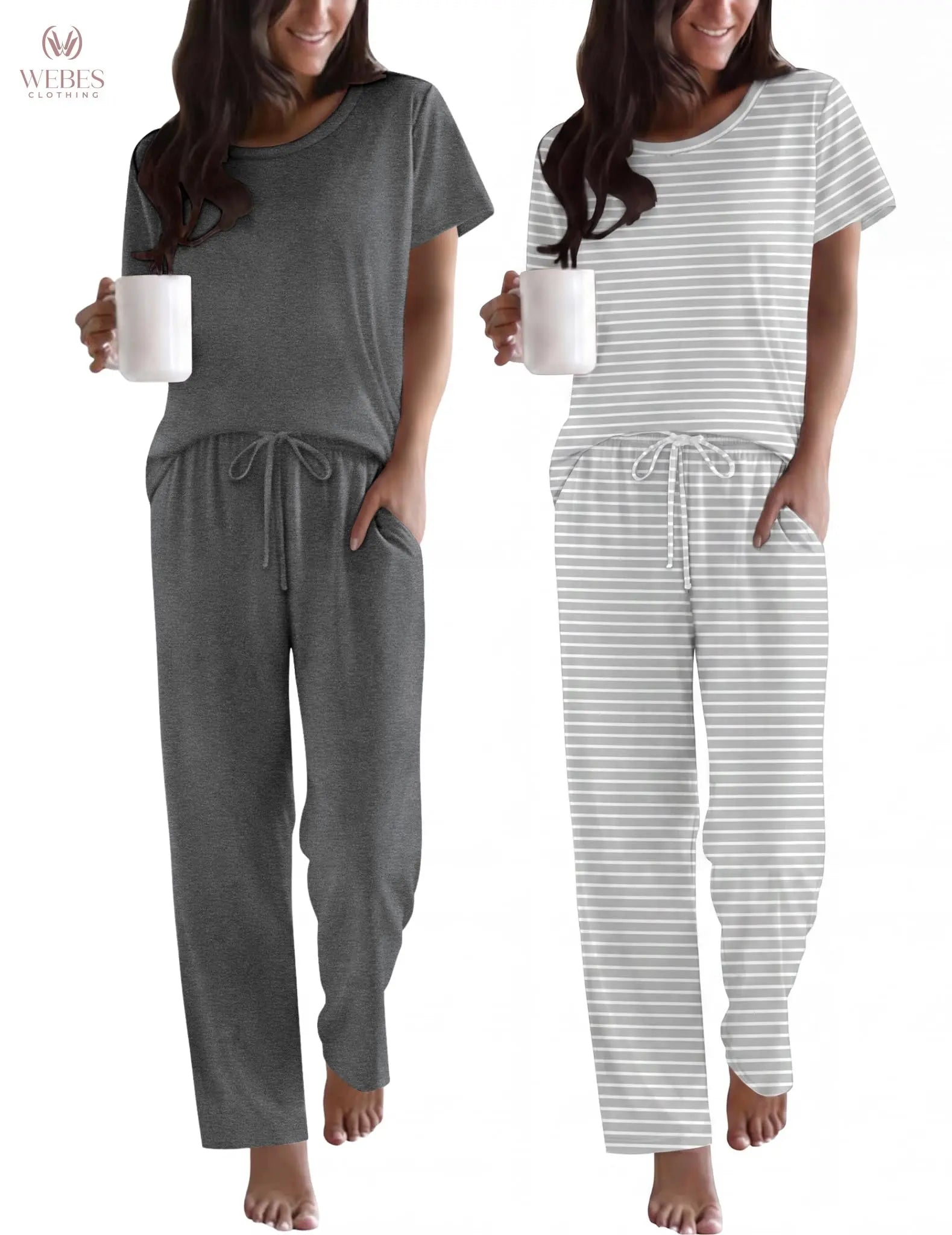 Ekouaer 2 Pack Pajamas for Women Set Short Sleeve Pj Top and Printed Pants | Soft PJs Cozy Printed Lounge Sets Comfy Sleepwear with Pockets WEBE CLOTHING