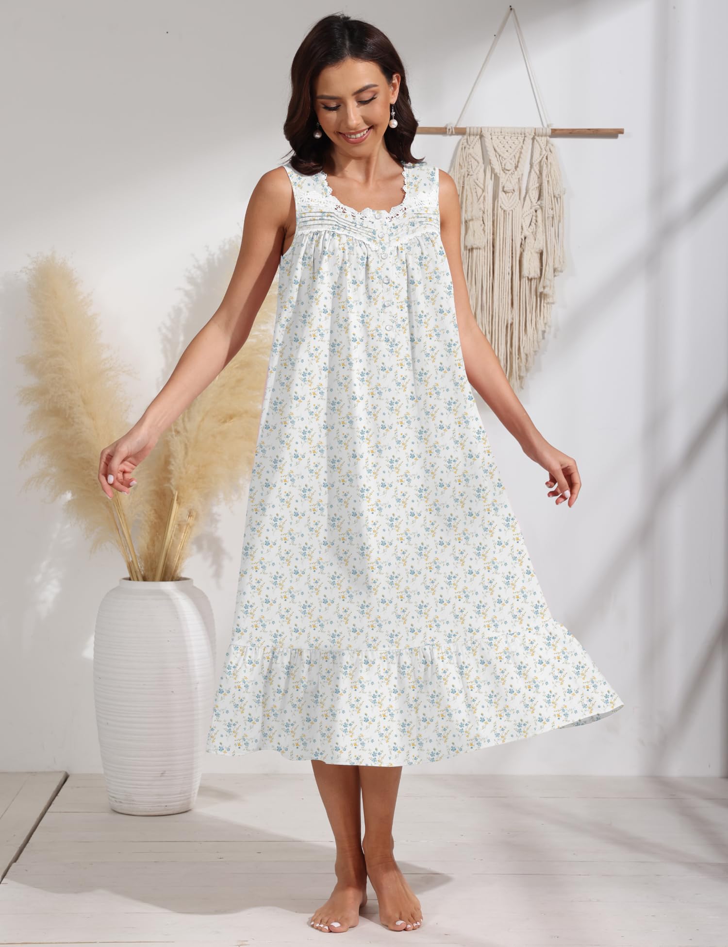 100% Cotton Floral Pearl Snap Nightgown for Women Sleeveless Victorian Sleep Dress Cotton Nightgowns with Pockets WEBE CLOTHING