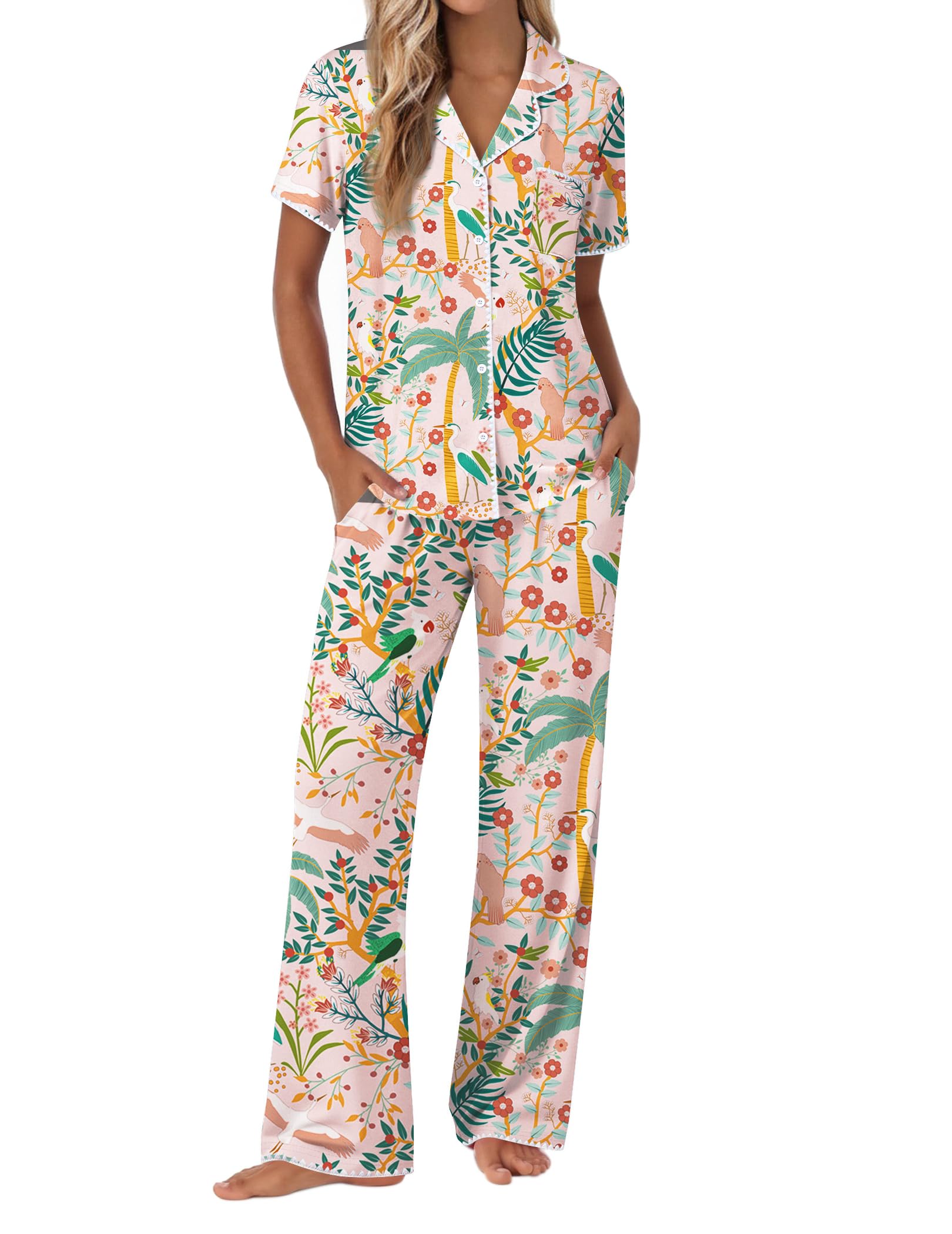 Ekouaer Pajamas for Women Set Button Up Soft Pjs Short Sleeve 2 Piece Lounge Sets Comfy Sleepwear