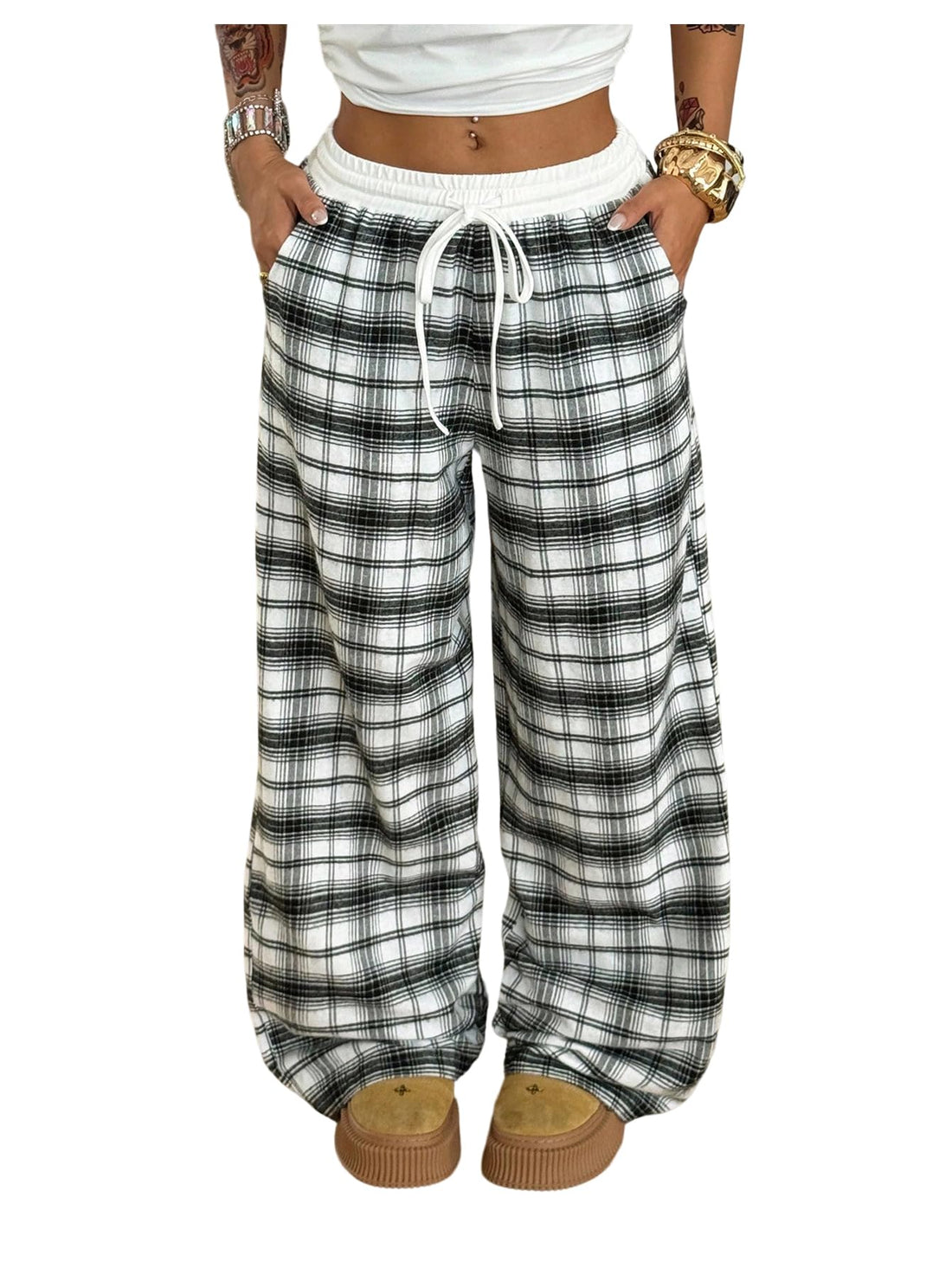 SOLY HUX Women's Plaid Checkered Pants Flannel Pajama Pants Lounge Wide Leg Baggy Sweatpants with Pockets