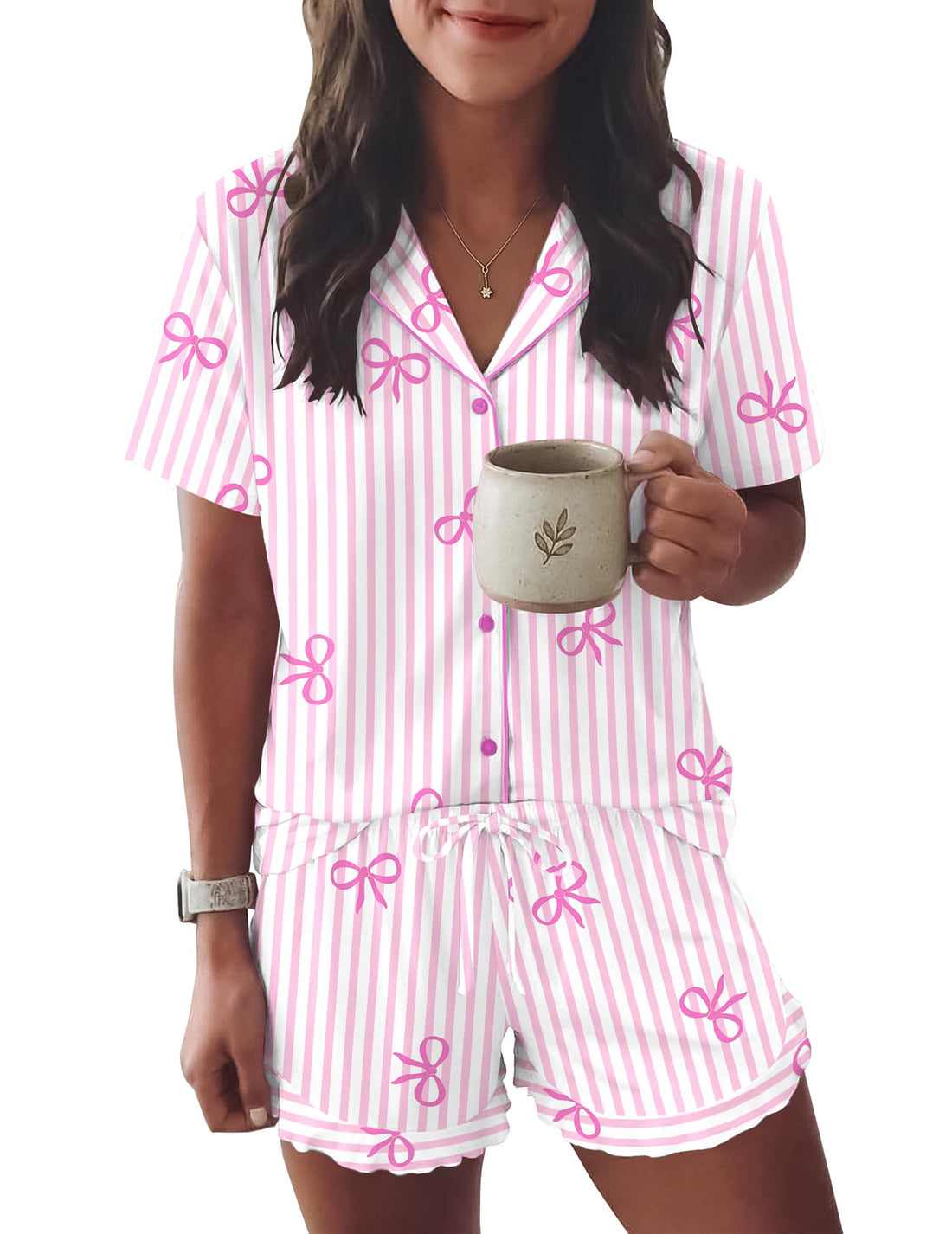 Ekouaer Womens Pajama Sets Button Down Short Sleeve Top and Shorts Cute Ruffled Pjs Sets Sleepwear