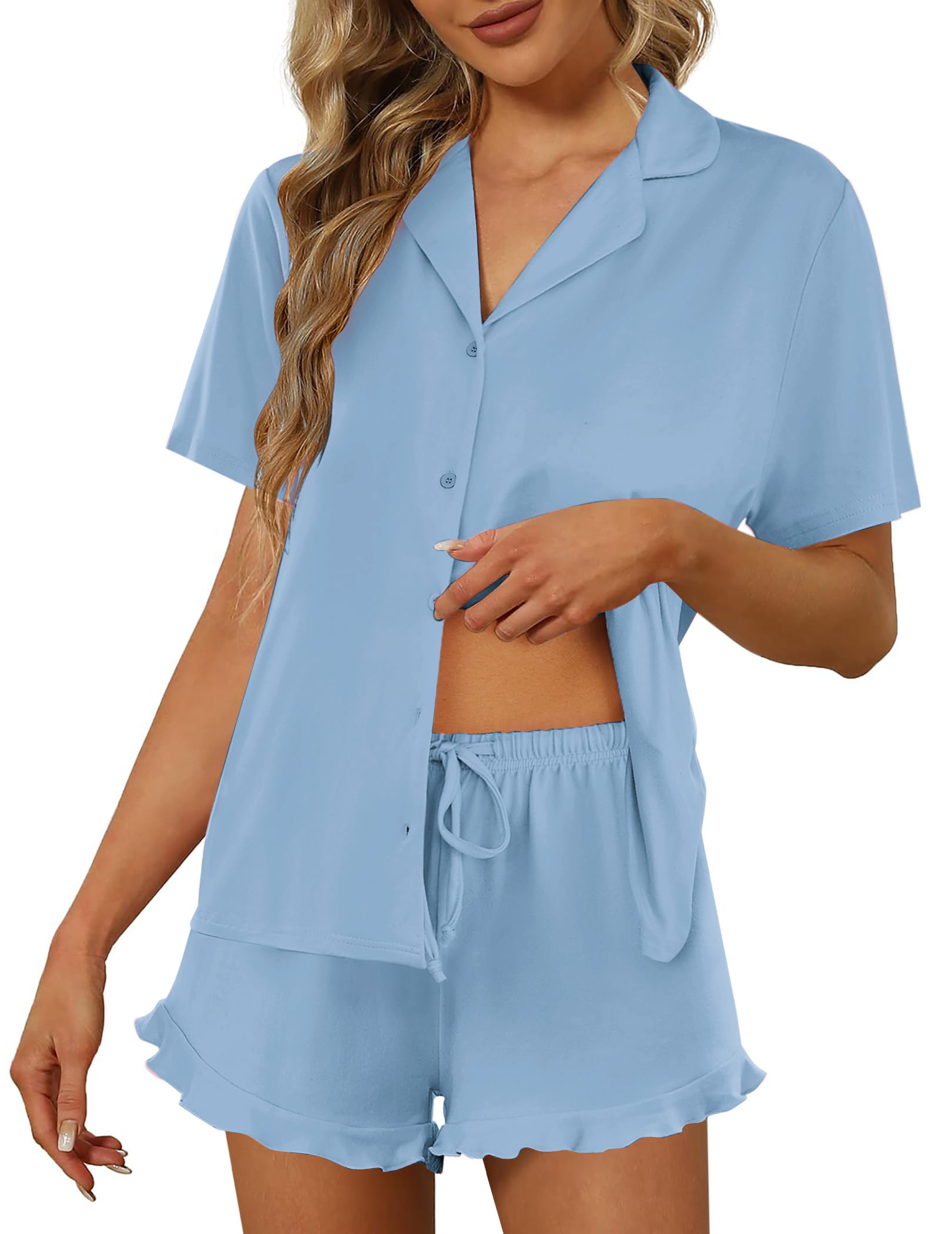 Ekouaer Pajamas Set for Women Short Sleeve Sleepwear Button Down Pjs Lounge Sets Soft Nightwear