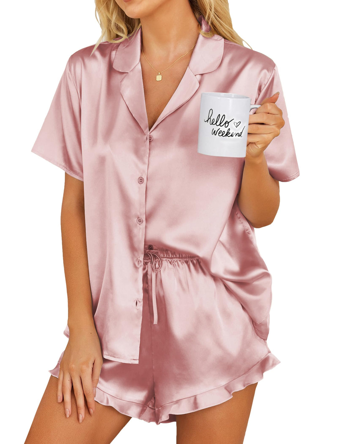 Ekouaer Womens Satin Pajamas Set Button Down 2 Piece Silk Pjs Shorts Set Ruffle Lingerie Notch Collar Sleepwear