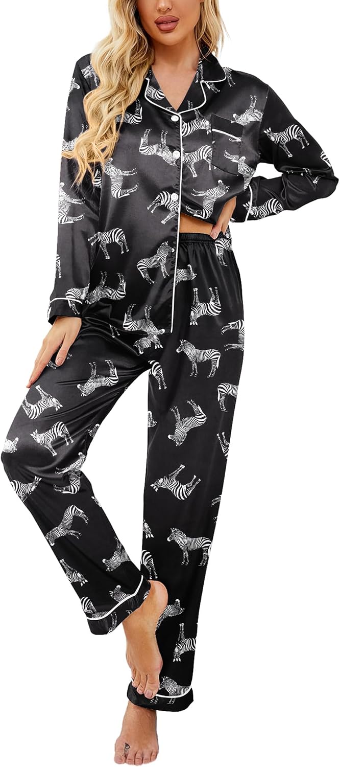 Ekouaer Womens Satin Silky Pajama Set Classic Pattern Button Down Pjs Set | Soft Fabric, Long Sleeve Notch Collar with Contrast Piping, Chest Pocket, Gifting Sleepwear WEBE CLOTHING