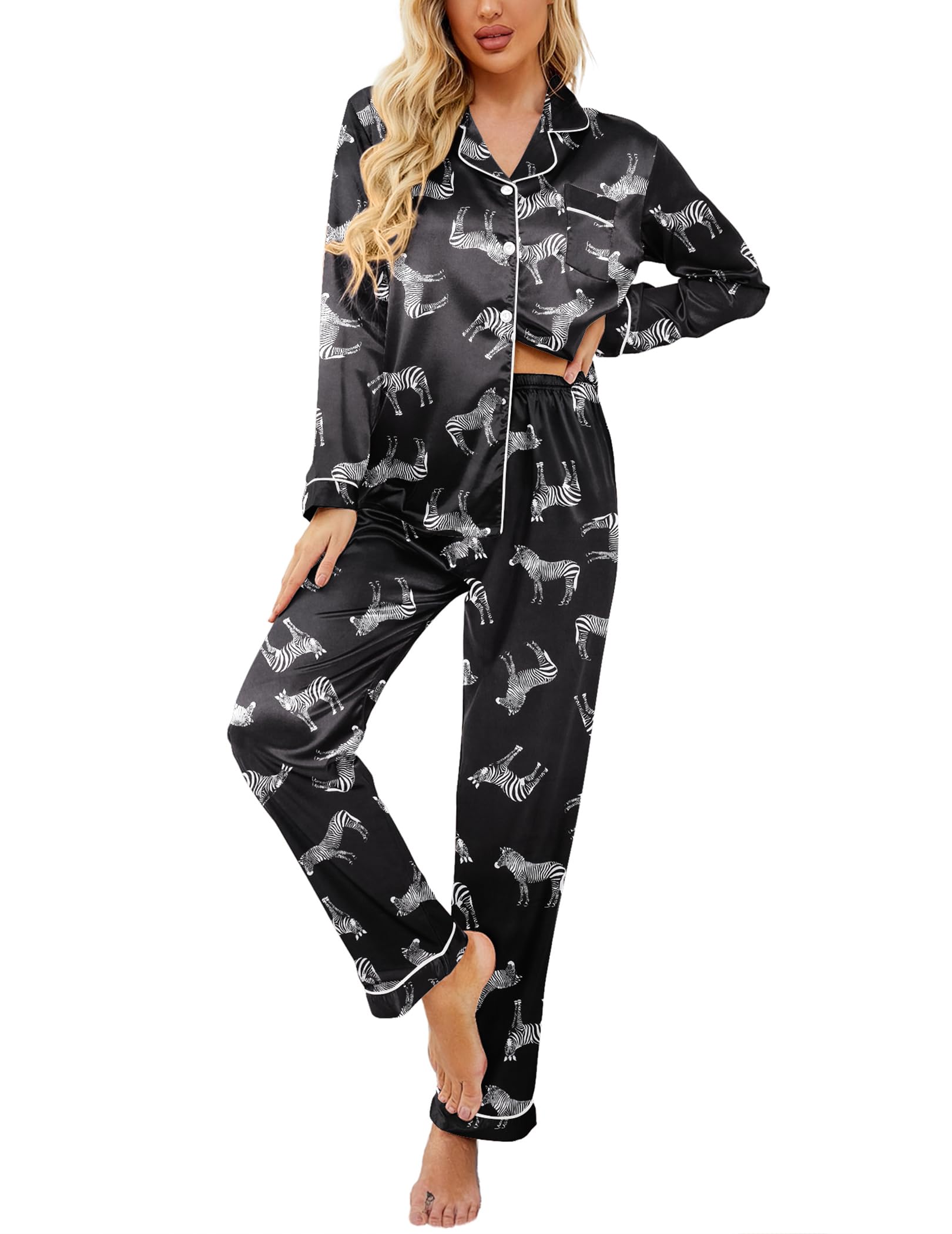 Ekouaer Womens Satin Silky Pajama Set Classic Pattern Button Down Pjs Set | Soft Fabric, Long Sleeve Notch Collar with Contrast Piping, Chest Pocket, Gifting Sleepwear WEBE CLOTHING