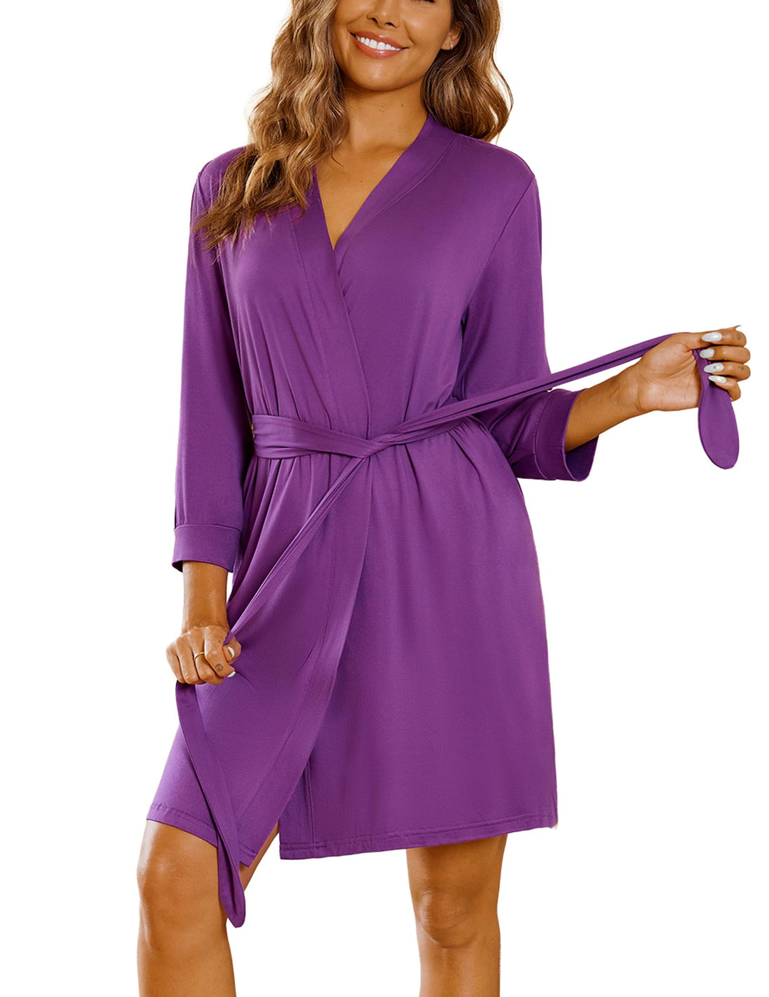 Ekouaer Women‘s Robes Lightweight 3/4 Sleeve Short Knit Bathrobe Soft Knee Length Sleepwear Robes with Pockets S-XXL