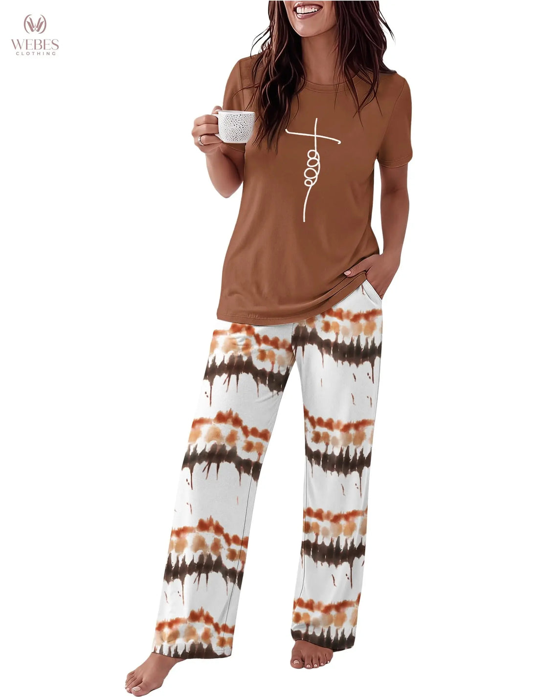 Ekouaer Pajama Set for Women 2 Piece Pjs Short Sleeve Top and Printed Pants | Womens Round Neck Lounge Sets Short Sleeve Sleepwear with Loose Pants for Daily Wear, Home Lounging, Casual Errands WEBE CLOTHING