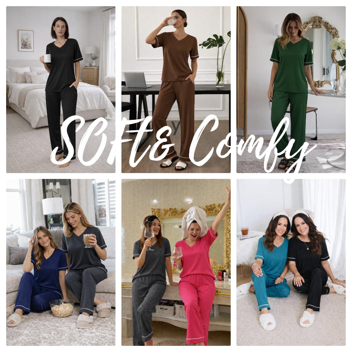 Ekouaer Womens Pajama Set Short Sleeve Pajamas Top and Pants V Neck Pjs Set Soft Loungewear with Pockets