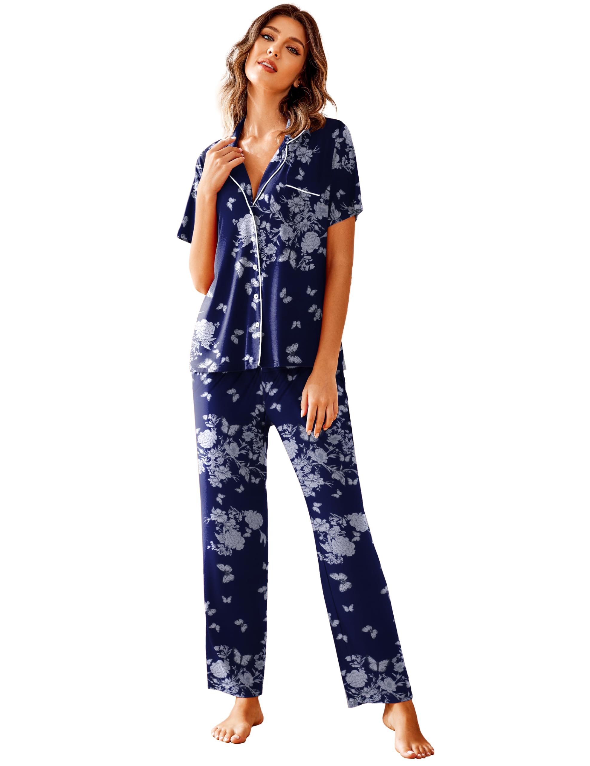 Avidlove Women Pajamas Set Notch Collar Soft Sleepwear Pjs Short Sleeve Button Down Nightwear with Long Pants WEBE CLOTHING