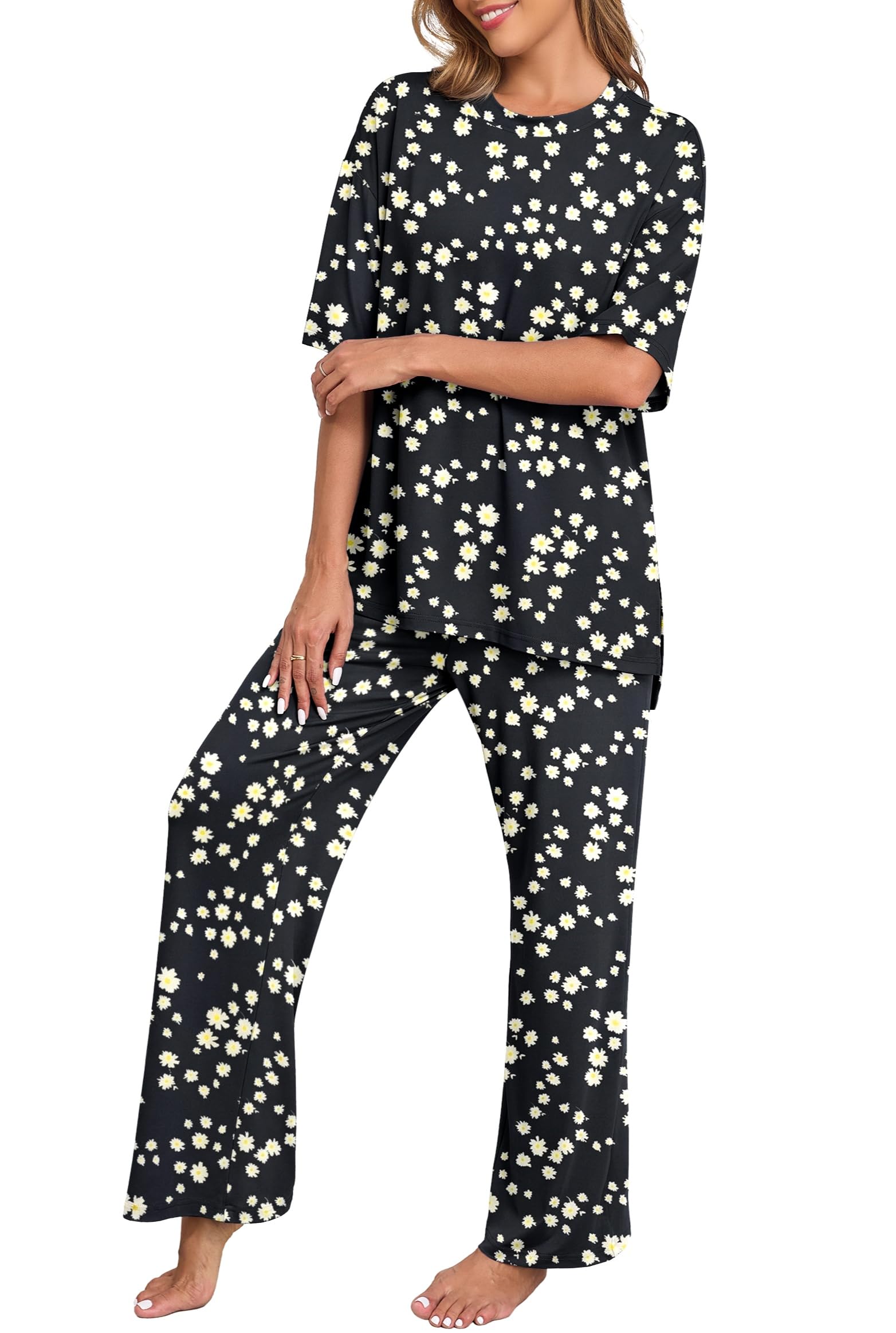 PrinStory Womens Pajamas Sets 2 Piece Lounge Set Short Sleeve Tops and Long Pants Soft Pjs Loungewear with Pockets