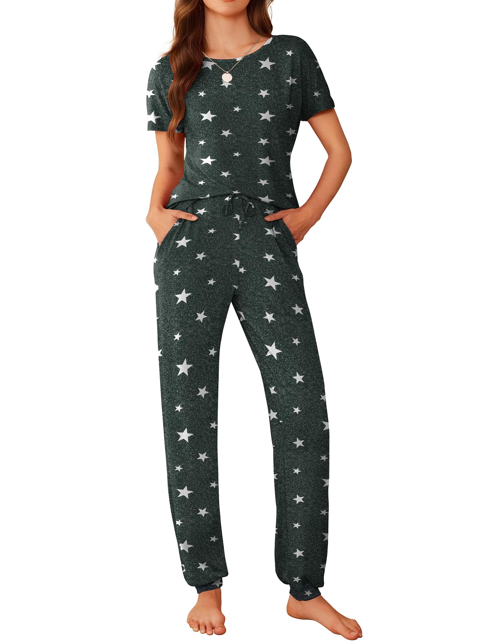 Ekouaer Womens Pajama Sets Short Sleeve Lounge Sets for Women Printed Jogger Pajama Set 2 Piece Pj Sets With Pockets S-XXL WEBE CLOTHING