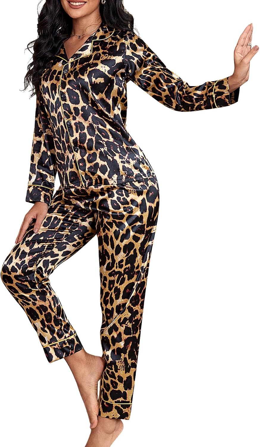WDIRARA Women's 2 Piece Leopard Print Satin Pajama Set Lounge Sleepwear Set | Animal Print,Leopard Print Satin,Long Sleeve,Button Down,Cheetah Silk Loungewear Pj WEBE CLOTHING