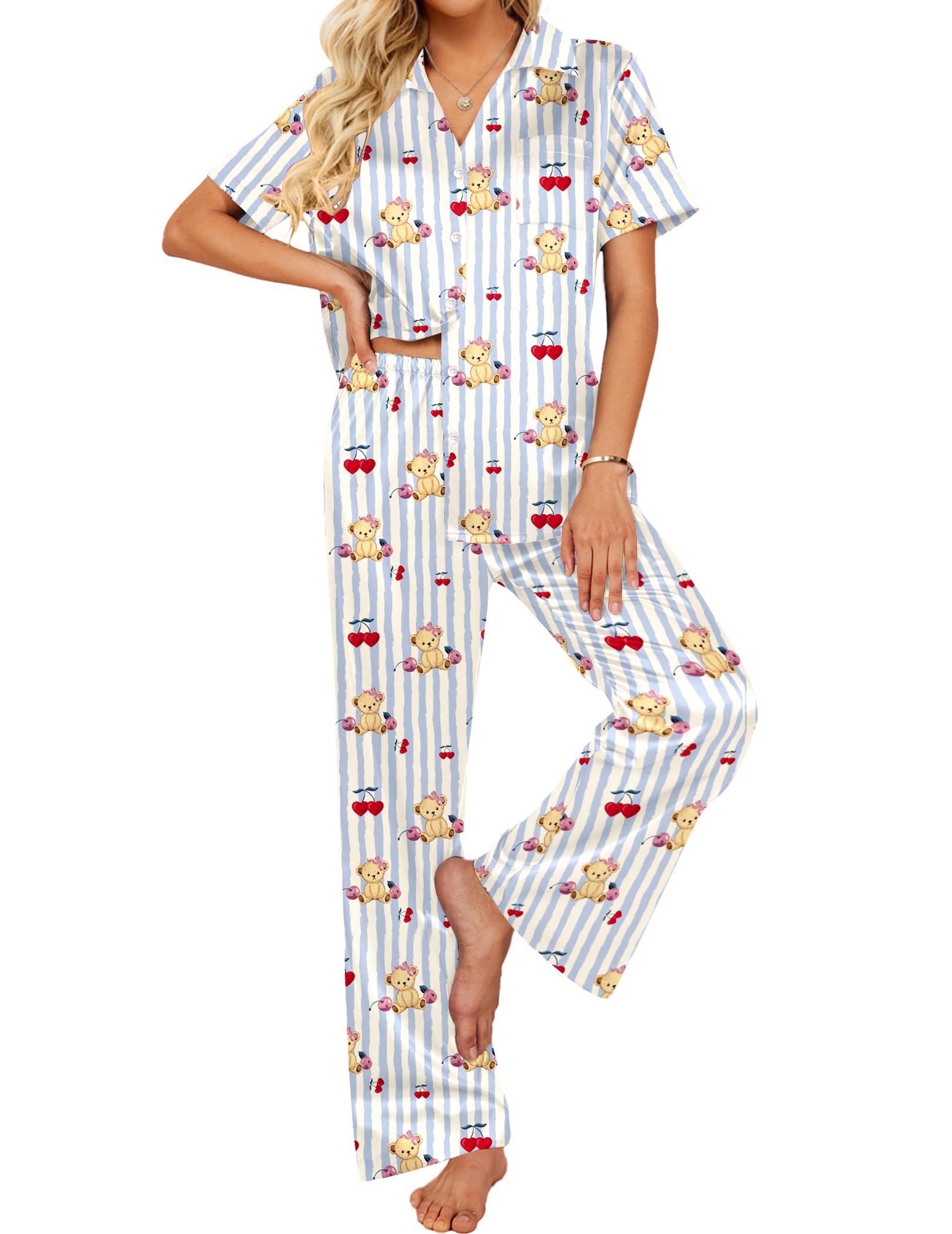 Ekouaer Silk Pajamas for Womens Set 2 Piece Satin Pjs Soft Button Down Sleepwear Wide Leg Long Pants with Pockets