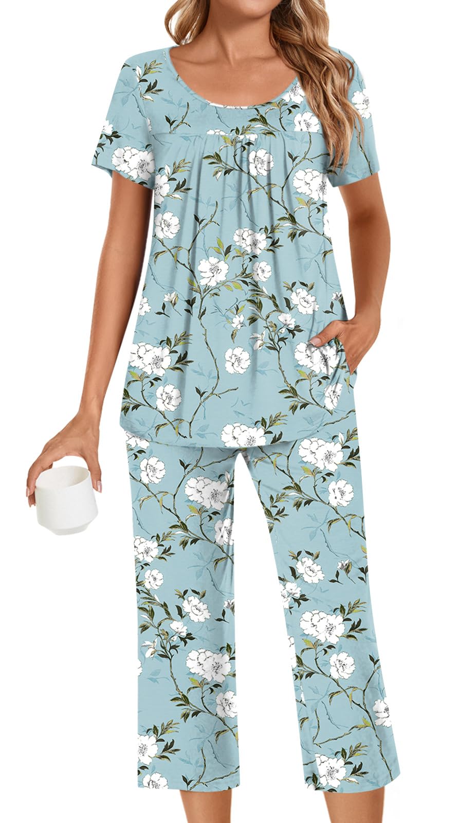 POPYOUNG Womens Pajama Sets Summer Ladies Pjs 2 Piece Loungewear Capri with Pockets Sleepwear