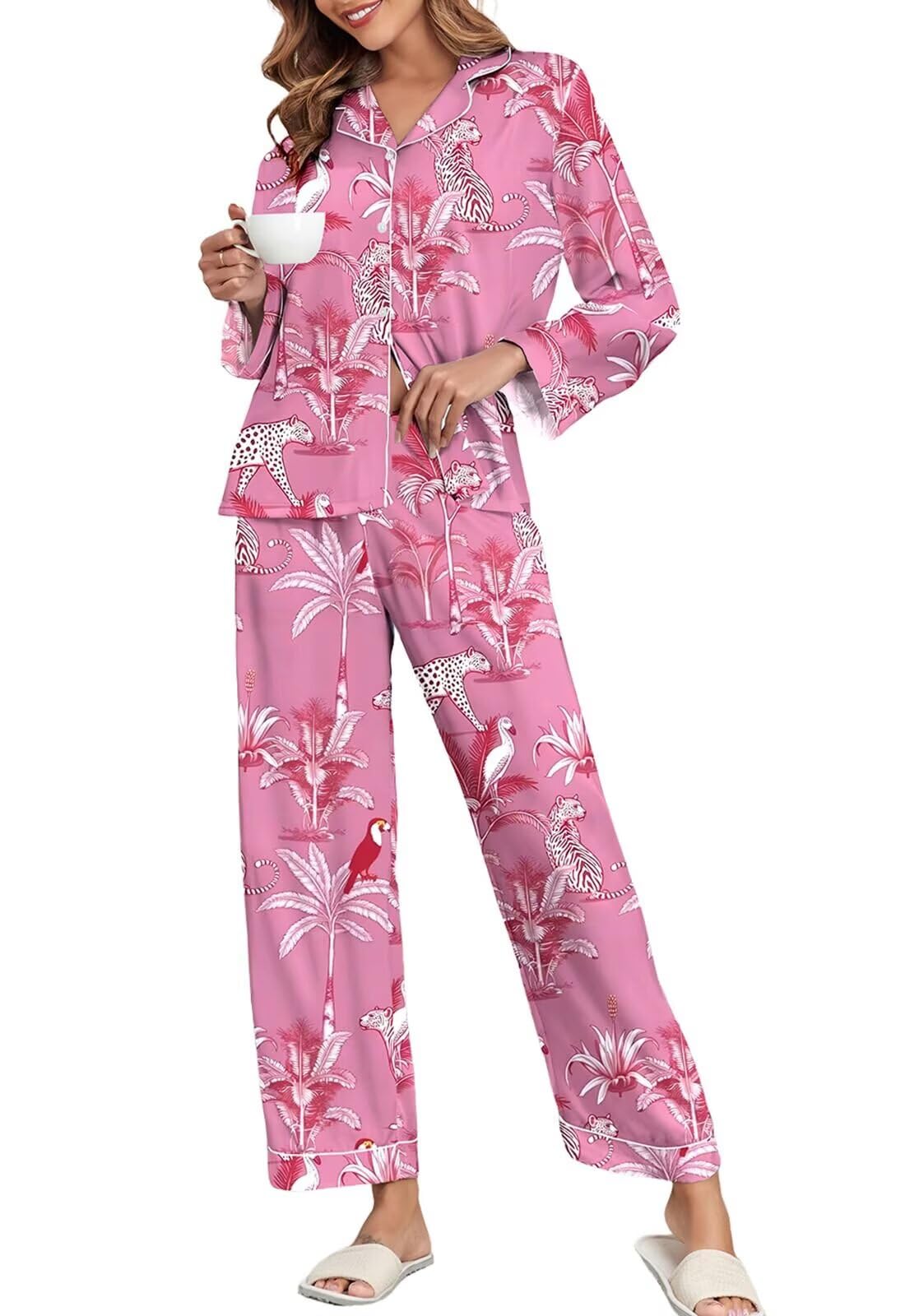 Brosloth Women's Silk Satin Pajamas Long Sleeve Button Up Loungewear Set | Button Down Animal Print Pajamas, Ladies Fancy Pajama sets, Two Piece Lounge Set, Notch Collar Lightweight Sleepwear, Gift WEBE CLOTHING
