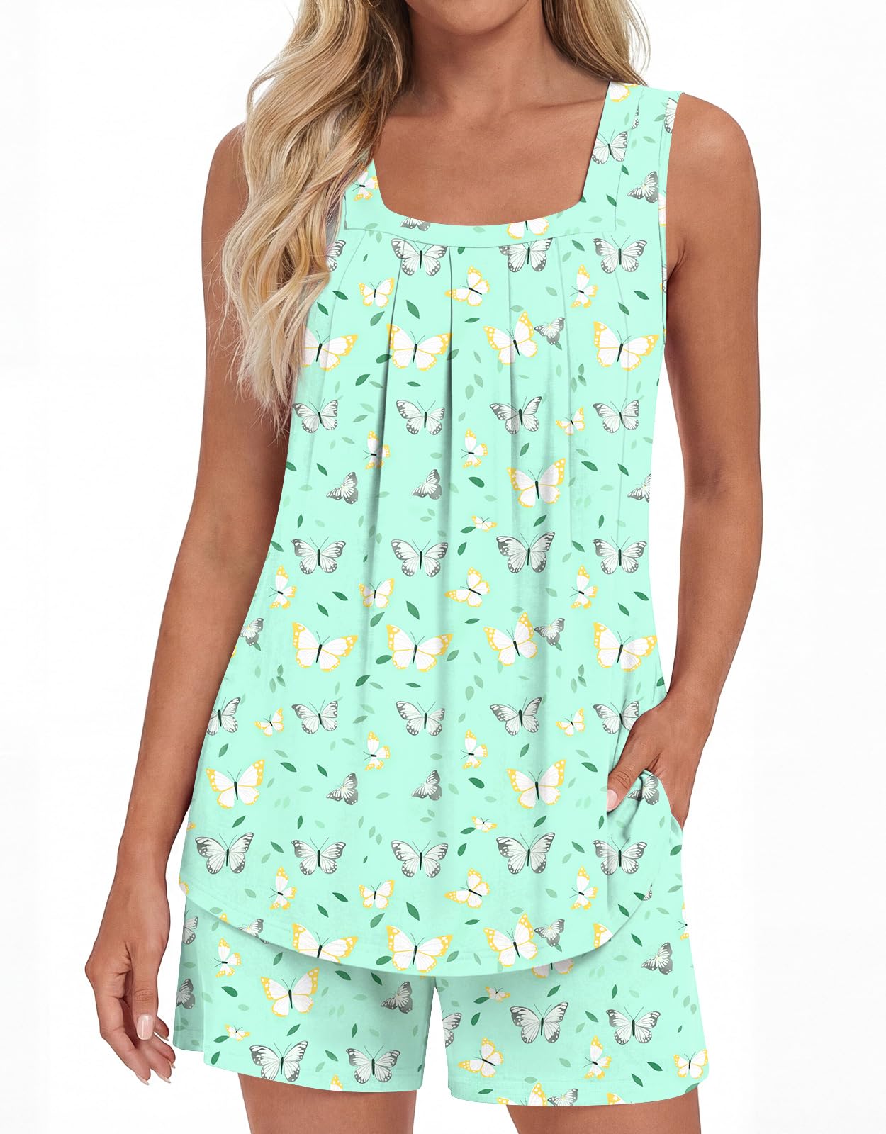 LONGYUAN Womens Sleeveless Pajama Set Soft Summer Lounge Shorts Tank Top Sleepwear with Pockets 2 Piece Set M-3XL