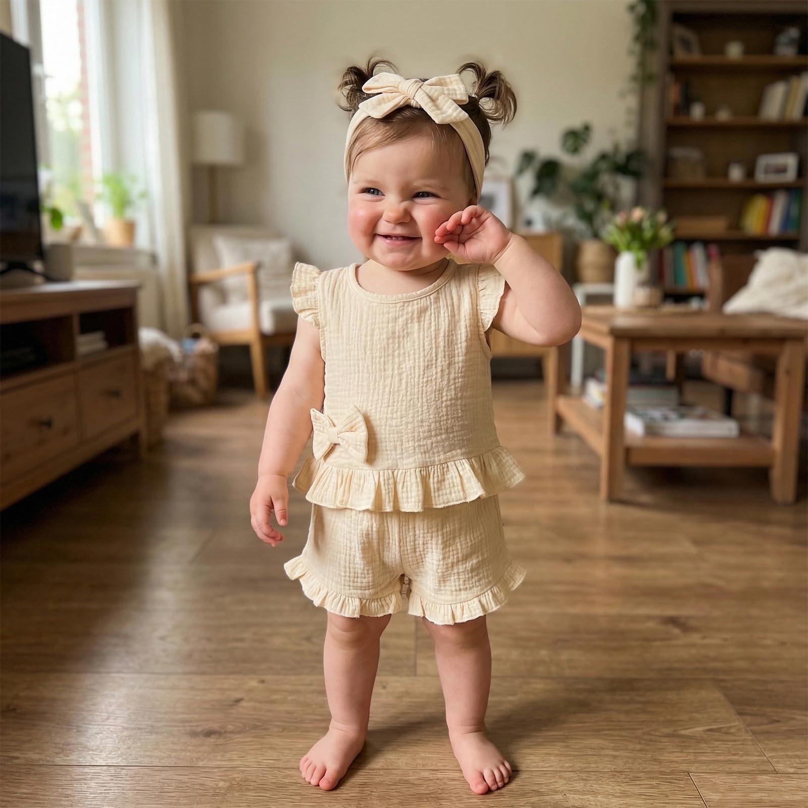 Amnnchya Toddler Girl Clothes Baby Summer Spring Outfits Cute Bow Button Smocked Ruffle Sleeve Tops ＋ Girls Shorts Set WEBE CLOTHING