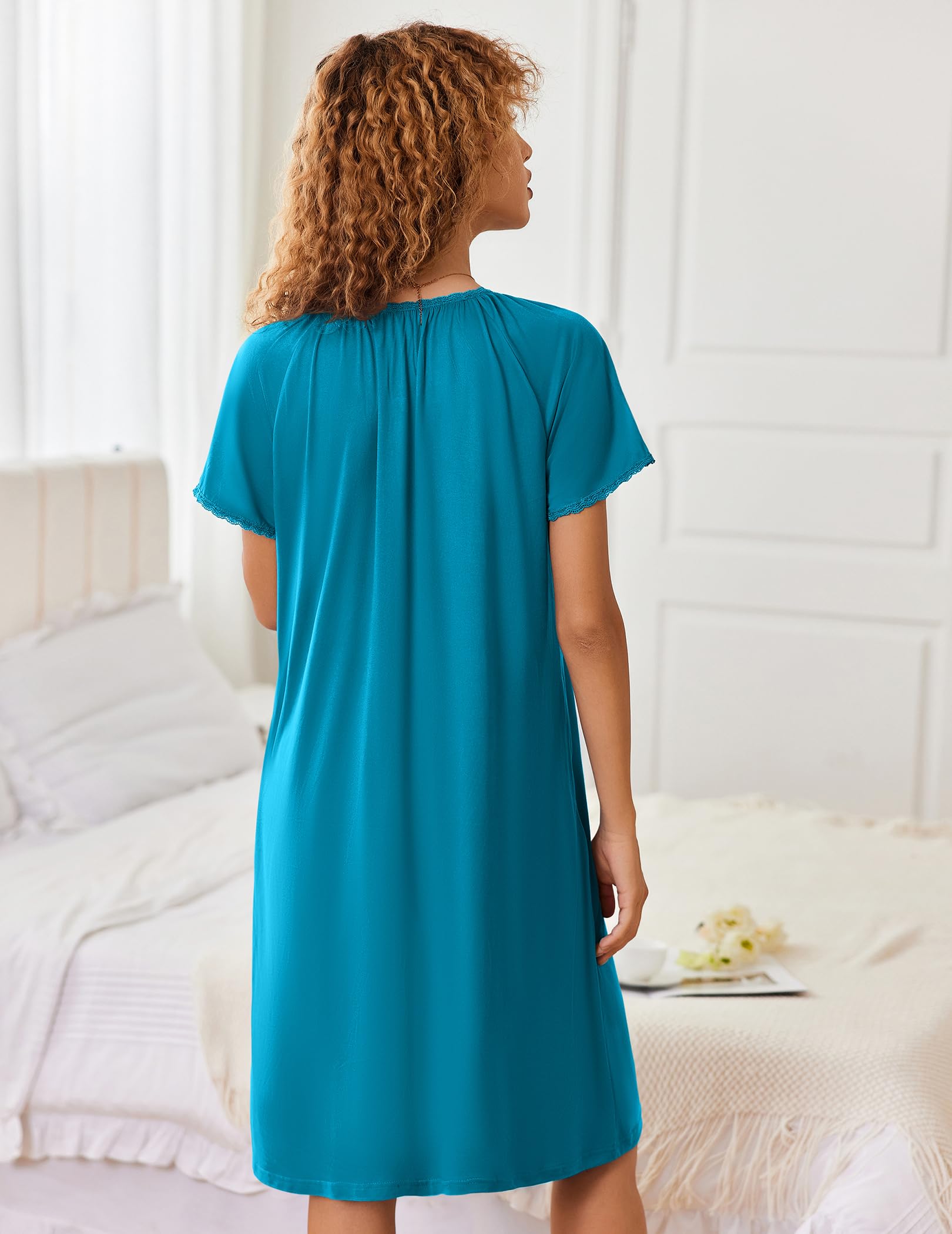 Ekouaer Zipper Robes for Women Short Sleeves Knit Bathrobes Knee Length Soft Lace Trim Loungewear with Pockets S-3XL WEBE CLOTHING
