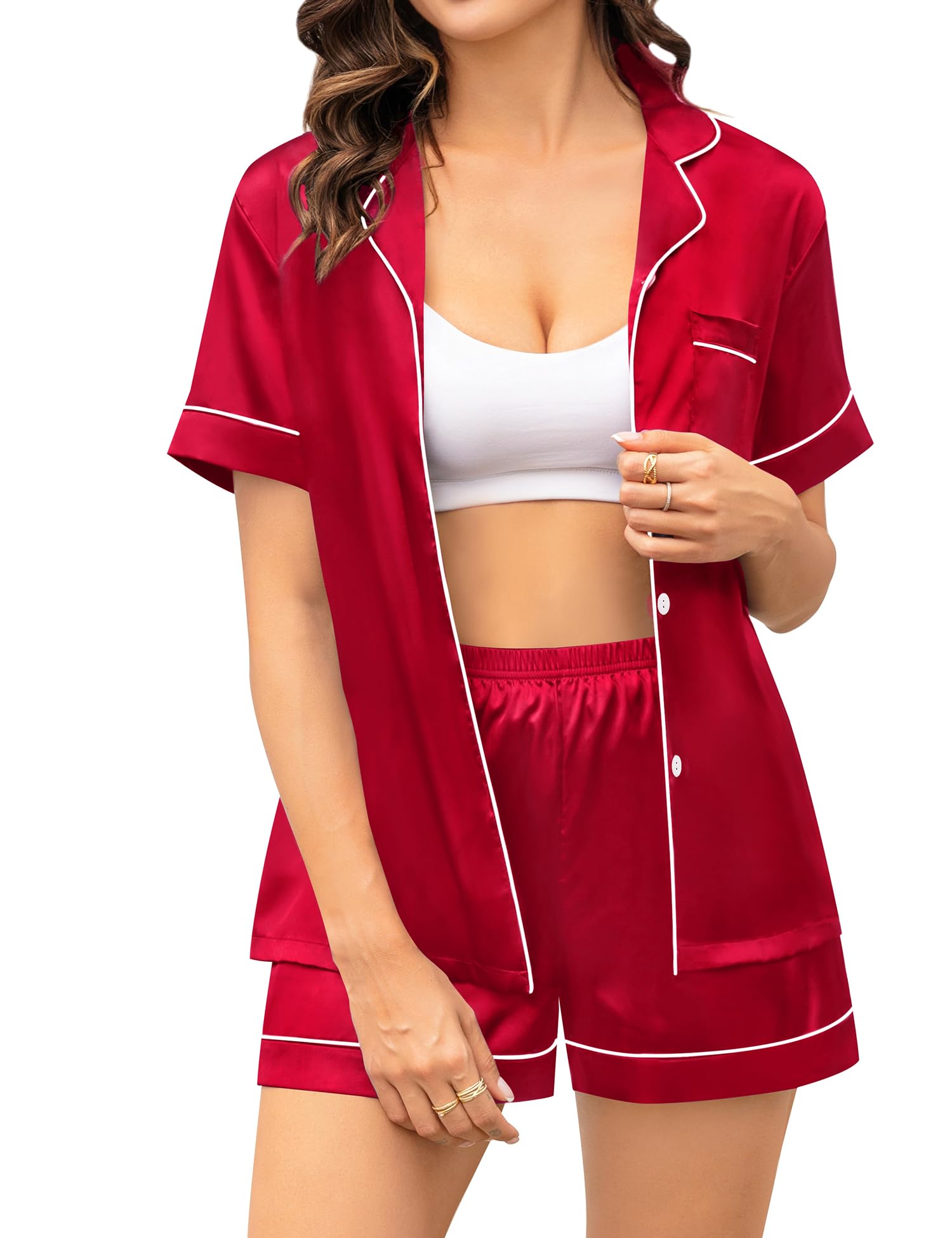 SWOMOG Couple Matching Pajamas Sets Women & Men Button Down Silk Pjs Men Short Sleeve Soft Lounge Sets 2 Pcs Loungewear