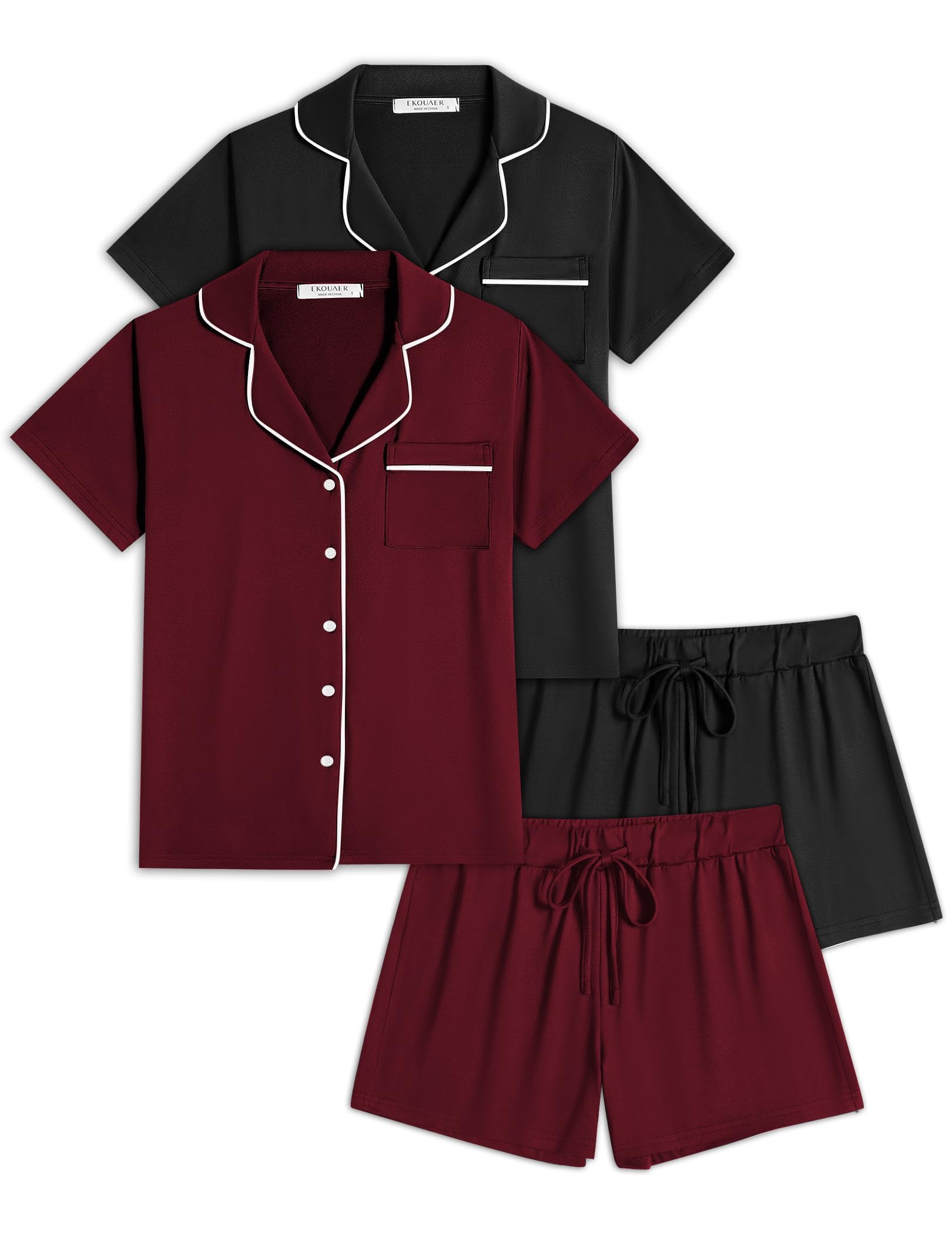 Ekouaer Womens Pajamas Set 2 Pack Button Down Summer Sleepwear Short Sleeve Comfy Pjs Loungewear Set